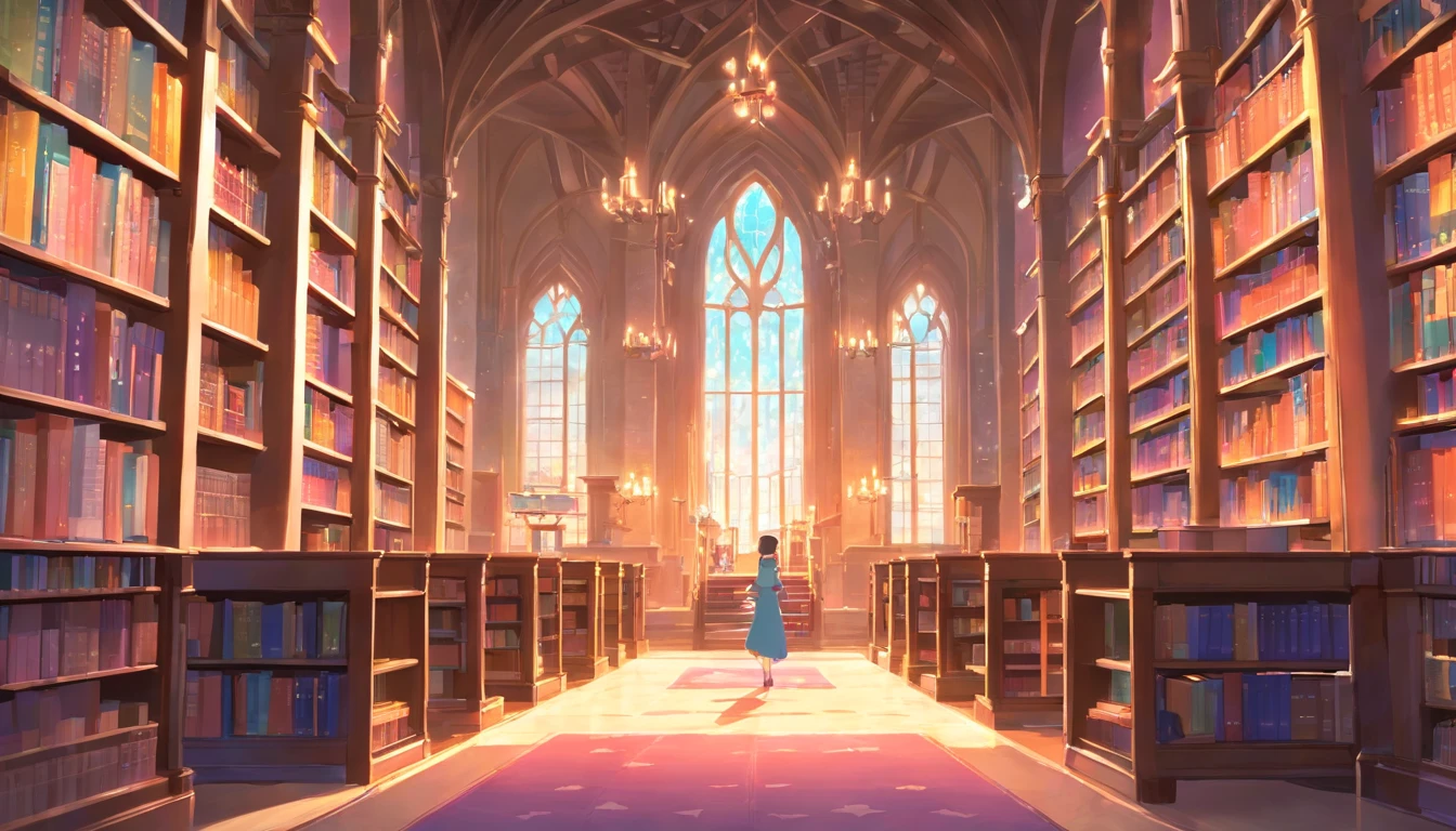 Wide shot of the castle library in pastel colors with shelves full of bright books.(fantasy,mythical creatures,magical scene)