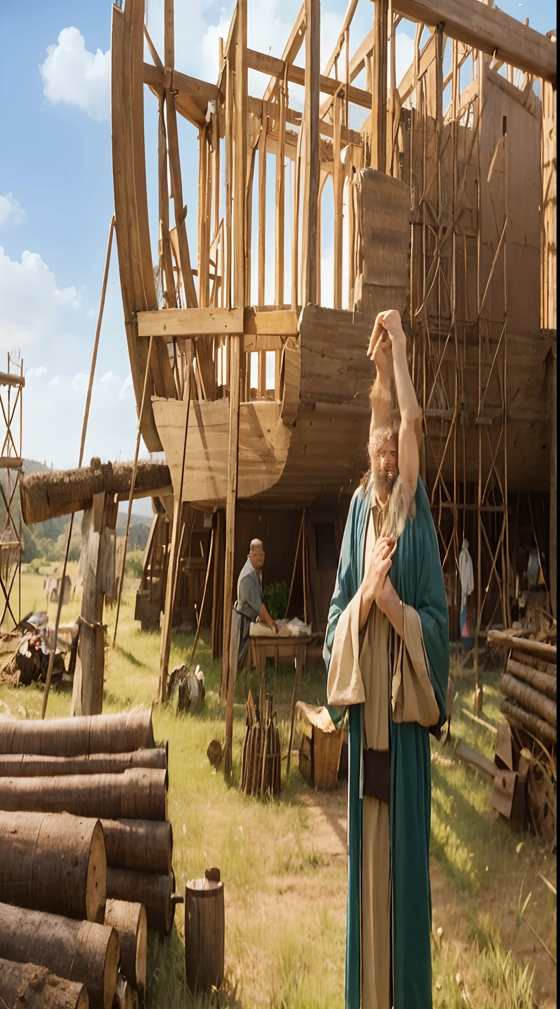 A wooden boat in a field with a man standing next to it, noah's ark, bible illustration, archimedes, a digital rendering, La Torre de Babel, Trirreme, construction, Torre de Babel, moses, por Wayne England, illustration matte painting, inspirado por Moses van Uyttenbroeck, biblical painting, inspirado en Robert Noble