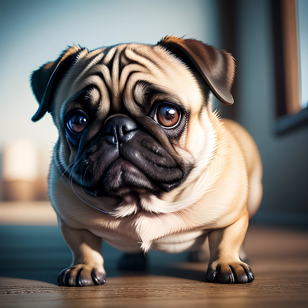 Anthropomorphic pug dog, Lightroom, cinemactic, HDR, .RAW, intrincado, Hiqualidade, tons suaves, detalhes intrincados, baixo contraste