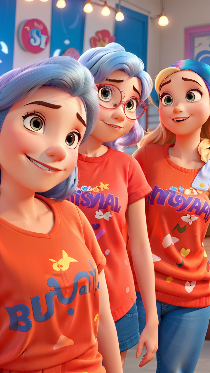Three women, estilo Disney pixar, com fundo colorido, with written Mama Baby