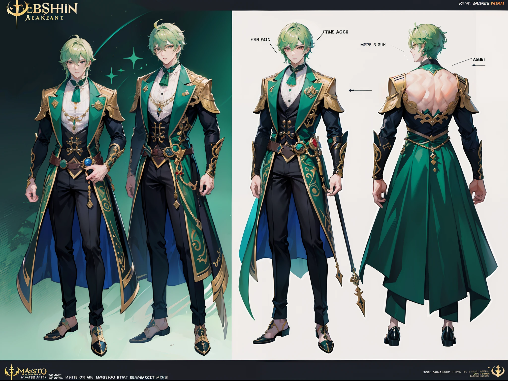 ((Masterpiece, Highest quality)), Male, boy, Detailed face, character design sheet,full body esbian, Full of details, frontal body view, back body view, Highly detailed, Depth, Many parts, Muscle boy with long green hair,handsome man, vampire outfit clothes, Genshin Impact, man tall, pectoral muscles, abs