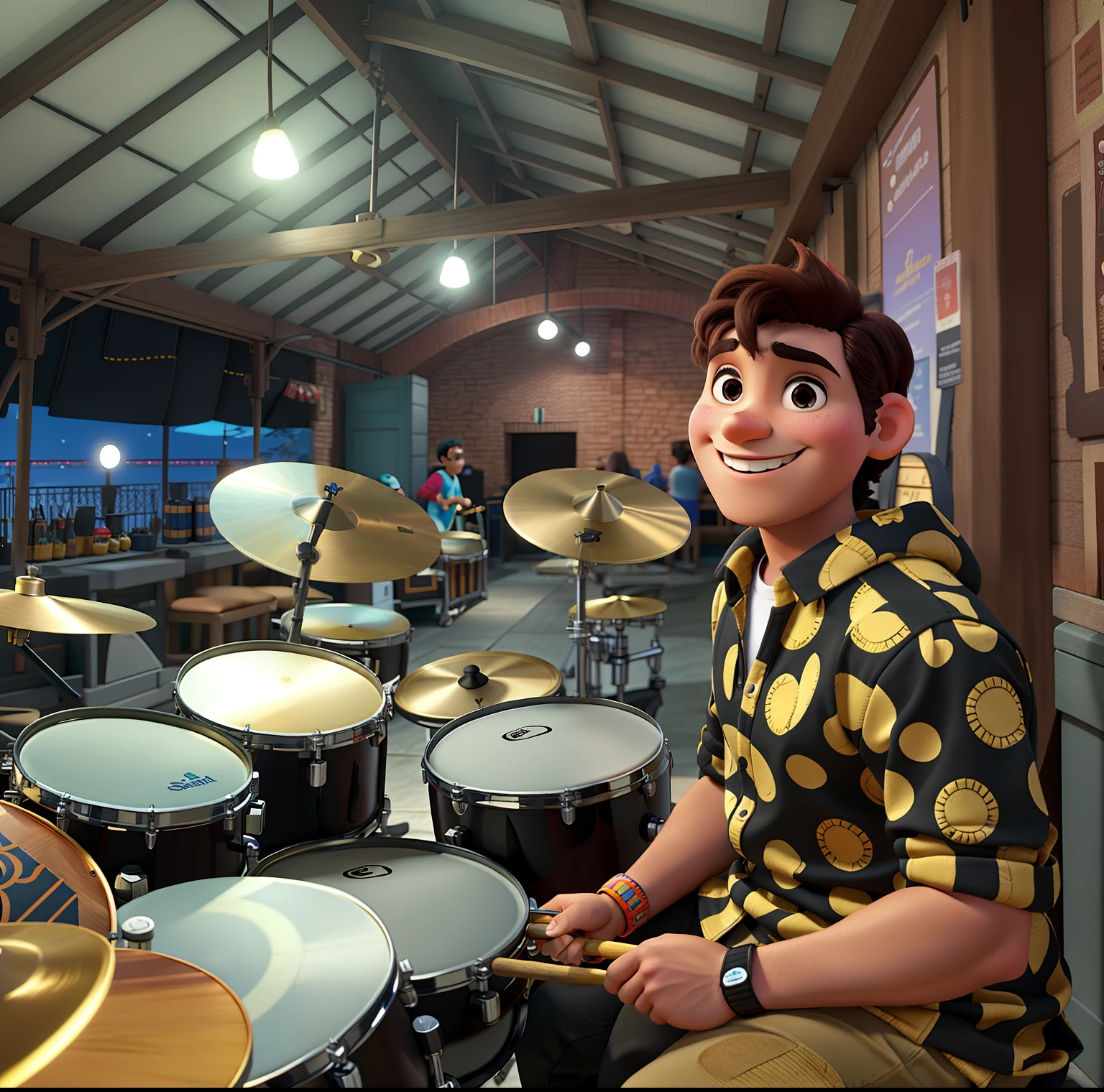 estilo pixar: baterista sorrindo e tocando,