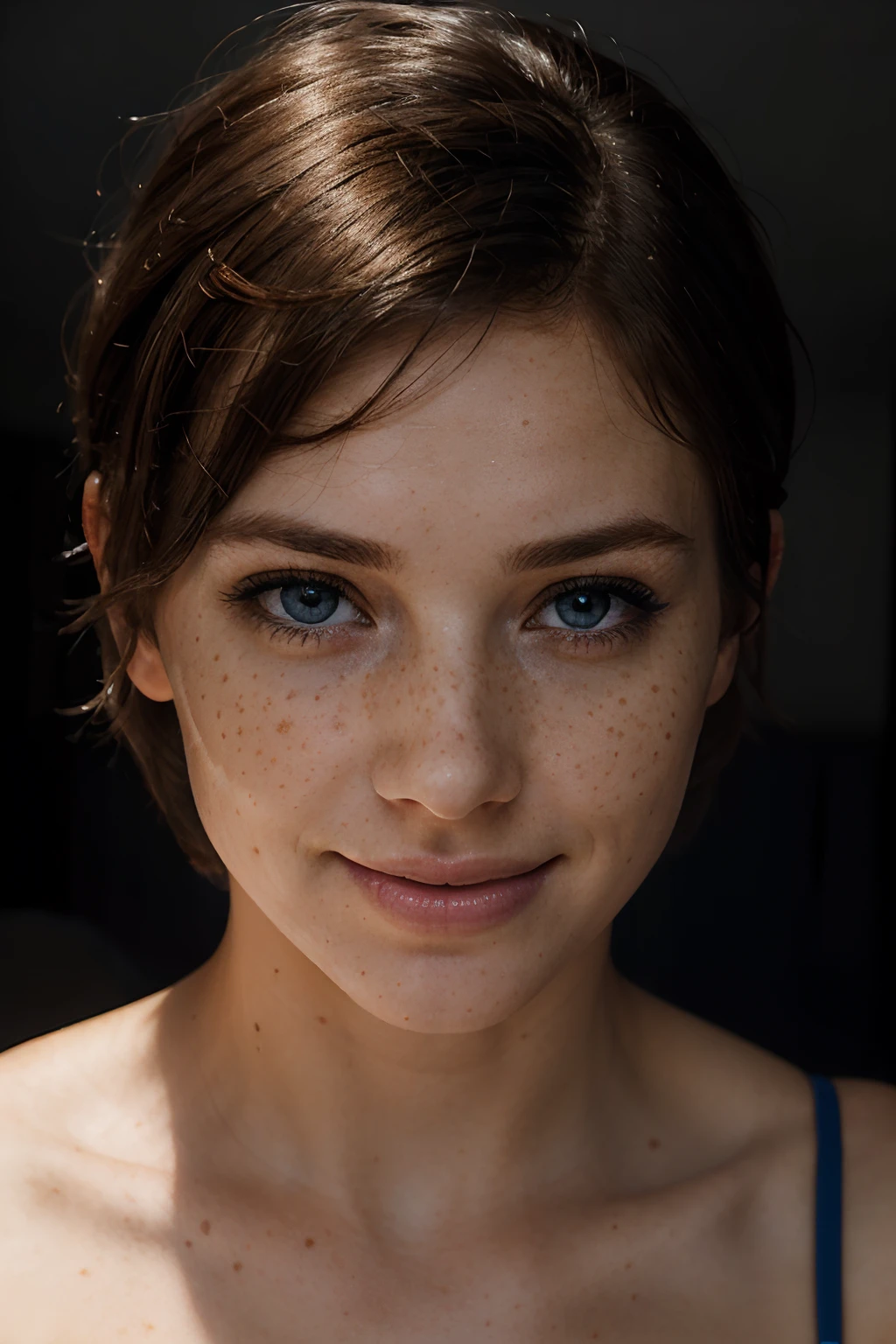 beautiful lady, (freckles), big smile, blue eyes, short hair, dark makeup, hyperdetailed photography, soft light, head and shoulders portrait, cover