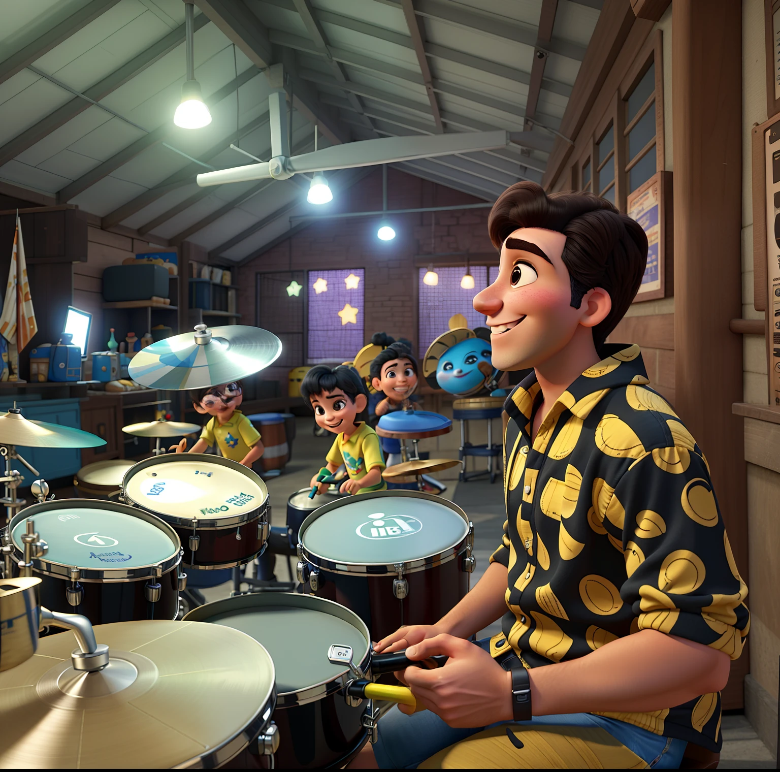 estilo pixar: baterista sorrindo e tocando,