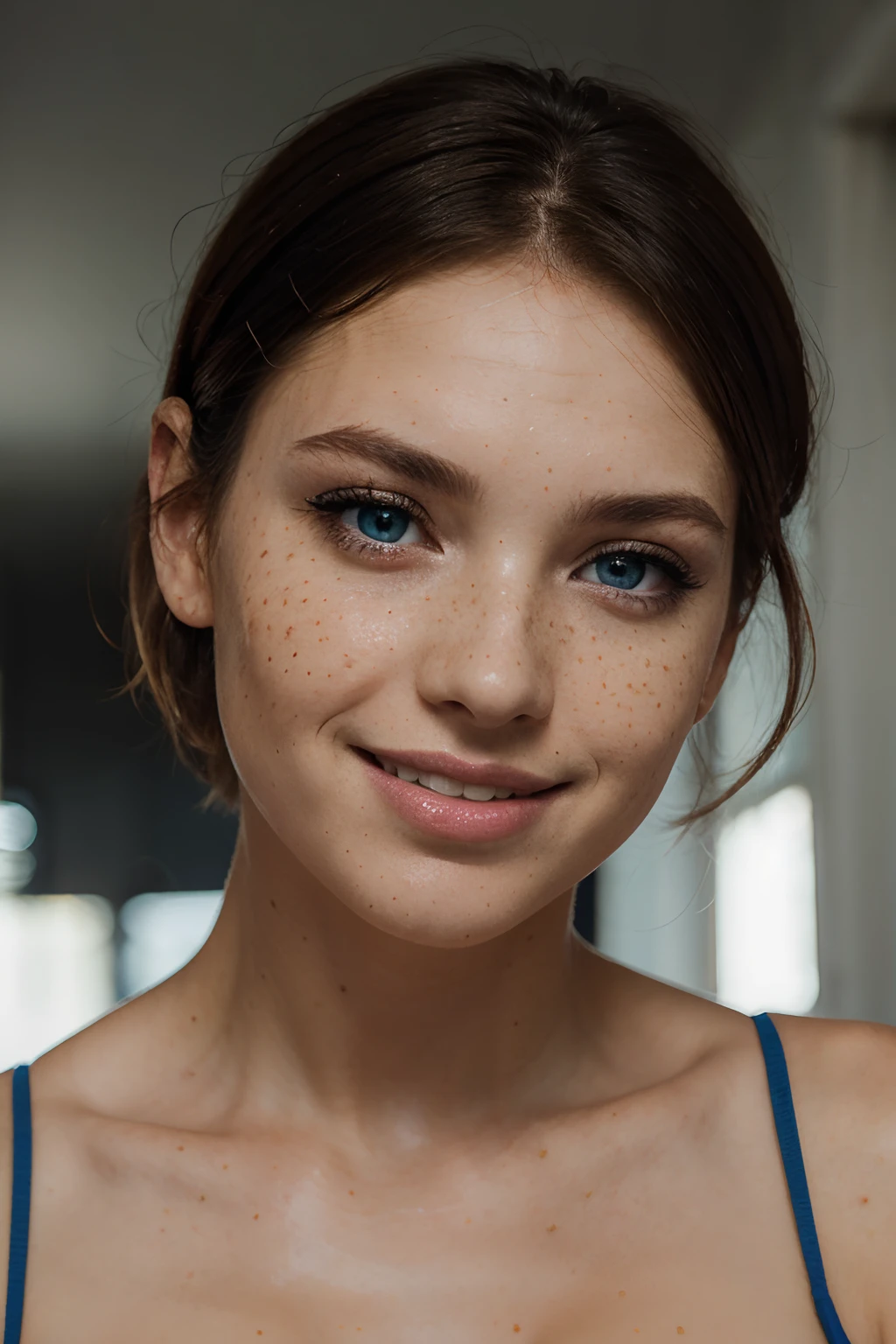 beautiful lady, (freckles), big smile, blue eyes, short hair, dark makeup, hyperdetailed photography, soft light, head and shoulders portrait, cover