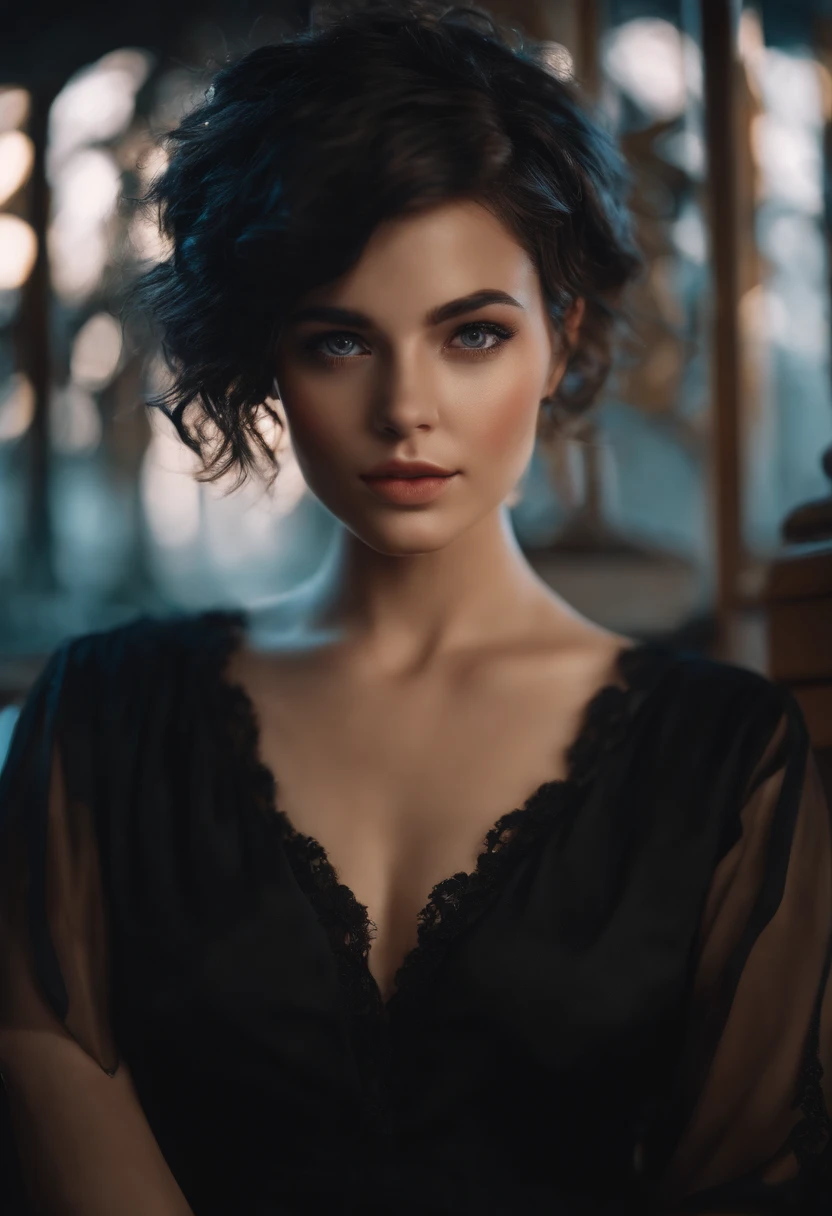 high resolution, master part, Ruka Sarashina, short hair, cabelos pretos, (sozinho), 1girl, fofo, interior, Olhos detalhados, (olhos negros)