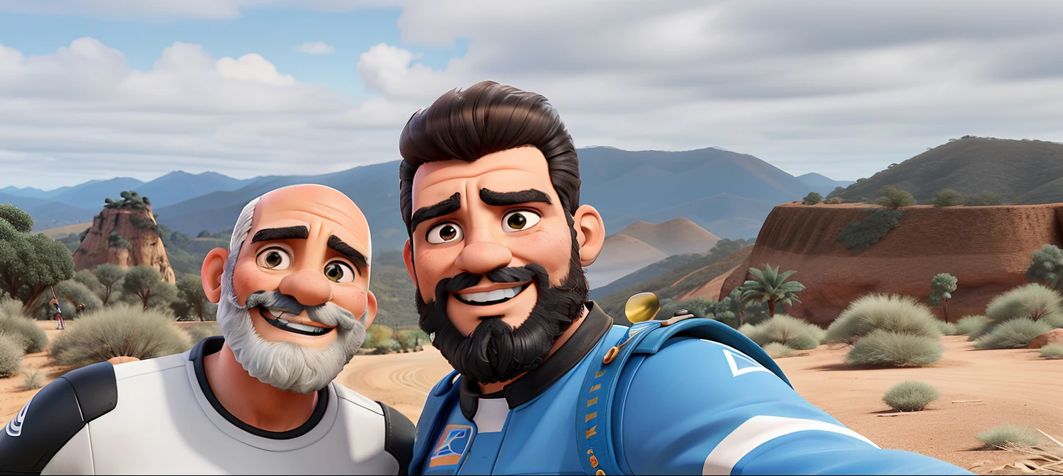 Dois amigos motociclistas, um careca e barba rala com 50 anos o outro com 49 anos e barba por fazer. parados para tirar uma foto com pano de fundo a chapada diamantina