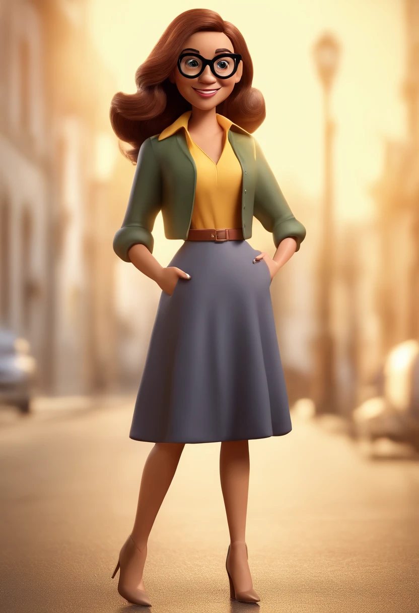 Cartoon character of a woman with golden round glasses, shirt and skirt, dress hair, straight hair, ruivo acobreado, soRRIDENTE E BONITO, animation character, Caractere estilizado, animation style rendering, 3D estilizado, Arnold Maya render, 3 d render stylized, toon render keyshot, Personagem 3D, Personagem 3D, 3d rendering stylized, 3 d character render, personagem de desenho animado, Personagem de close up, Pose de personagem, (Estilo Pixar) (master part:1.2) (Bokeh) (best quality) (pele detalhada) (textura detalhada) (8k) (argila) (Cinematic lighting) (foco nítido