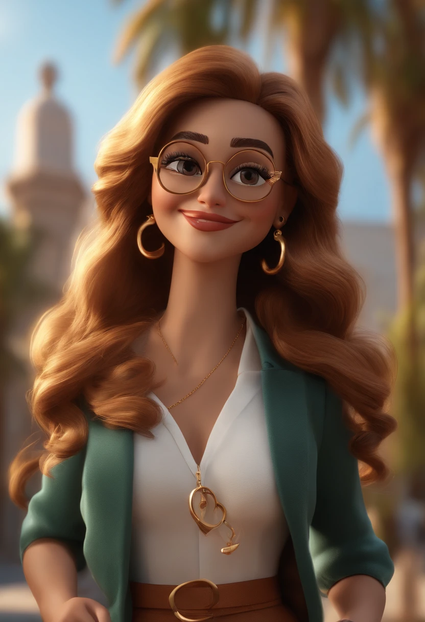 Cartoon character of a woman with golden round glasses, shirt and skirt, dress hair, straight hair, ruivo acobreado, soRRIDENTE E BONITO, animation character, Caractere estilizado, animation style rendering, 3D estilizado, Arnold Maya render, 3 d render stylized, toon render keyshot, Personagem 3D, Personagem 3D, 3d rendering stylized, 3 d character render, personagem de desenho animado, Personagem de close up, Pose de personagem,  (Estilo Pixar) (master part:1.2) (Bokeh) (best quality) (pele detalhada) (textura detalhada) (8k) (argila) (Cinematic lighting) (foco nítido