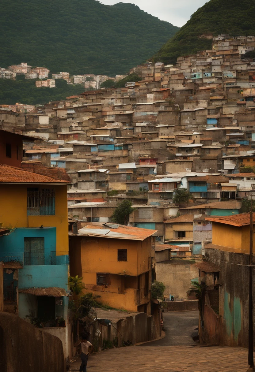Vista Araffe de uma cidade com um monte de casas e uma colina, Location ( favela ), favelas, favela, algumas casas ao fundo, Location ( favela _ PAREDE ), cidade em segundo plano, urban view in the distance, do telhado, vista da janela, favela futurista, Favelas no Rio, Telhado