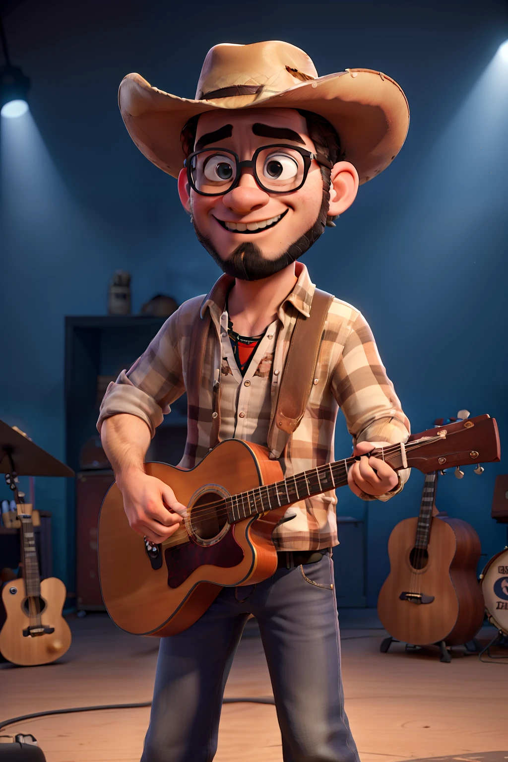 obra-prima, de melhor qualidade, uma banda de country music em um show. A banda possui quatro integrantes: baterista, Bearded and cowboy hat. guitarrista, de camisa xadrez, Cowboy beard and hat. baixista, Playing Acoustic Bass, de camisa florida, sunglasses and light brown hair. Vocalista tocando gaita de boca, de camisa com caveira, Black cowboy hat and goatee. Como plano de fundo, Use a Stage with Concert Lighting! All the members of the band are chubby