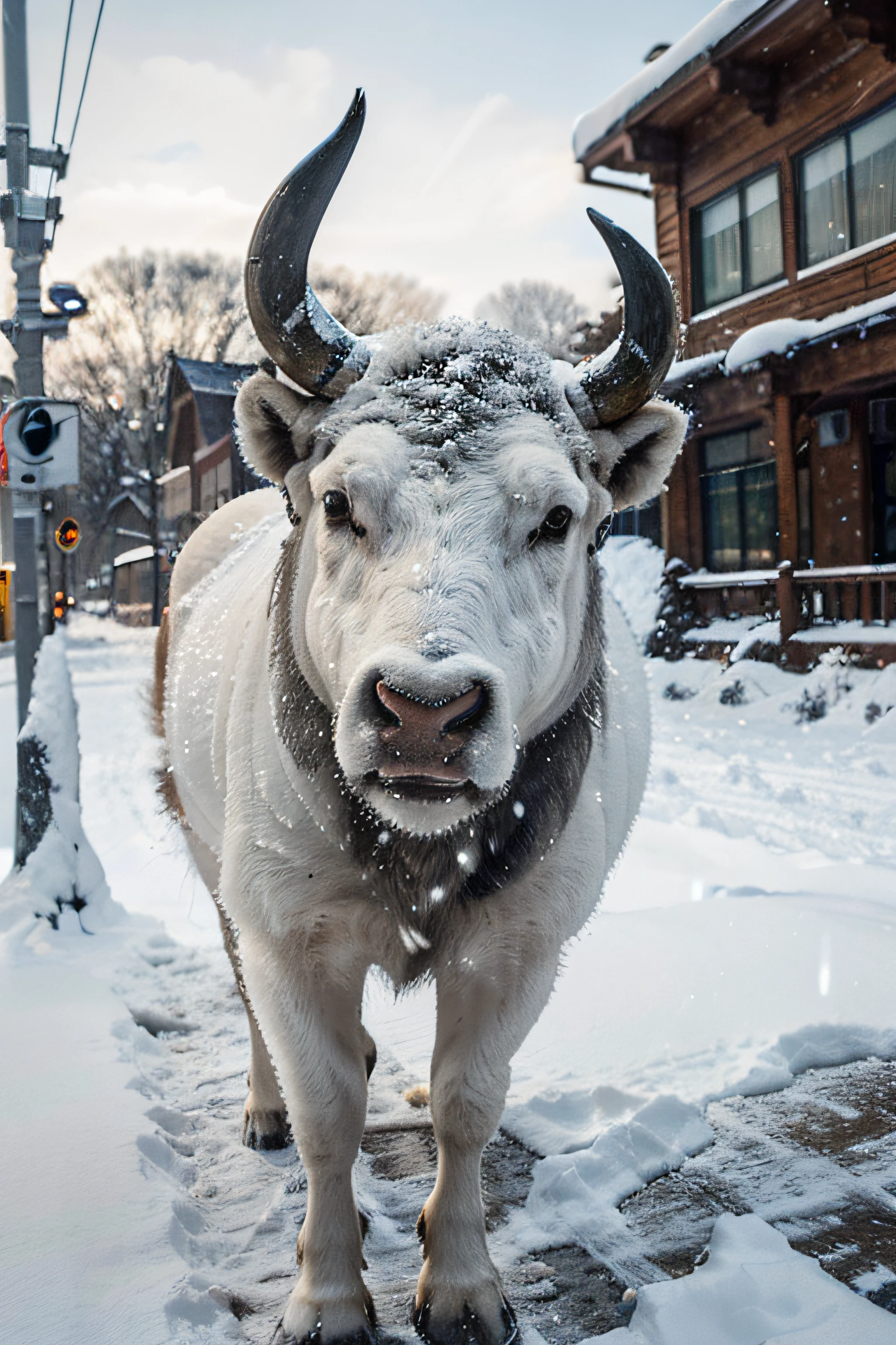 (best quality,highres:1.2),ultra-detailed,(realistic:1.37),frontal photo of a buffalo, snow falling on the streets of Wisconsin, detailed face, snowy landscape, cold winter atmosphere, majestic presence, thick fur, snow-covered horns, powerful and sturdy body, stable and steady gaze, realistic scenery, fine details, vibrant colors, snowy weather, sharp focus, studio lighting, HDR, vivid blue and white tones