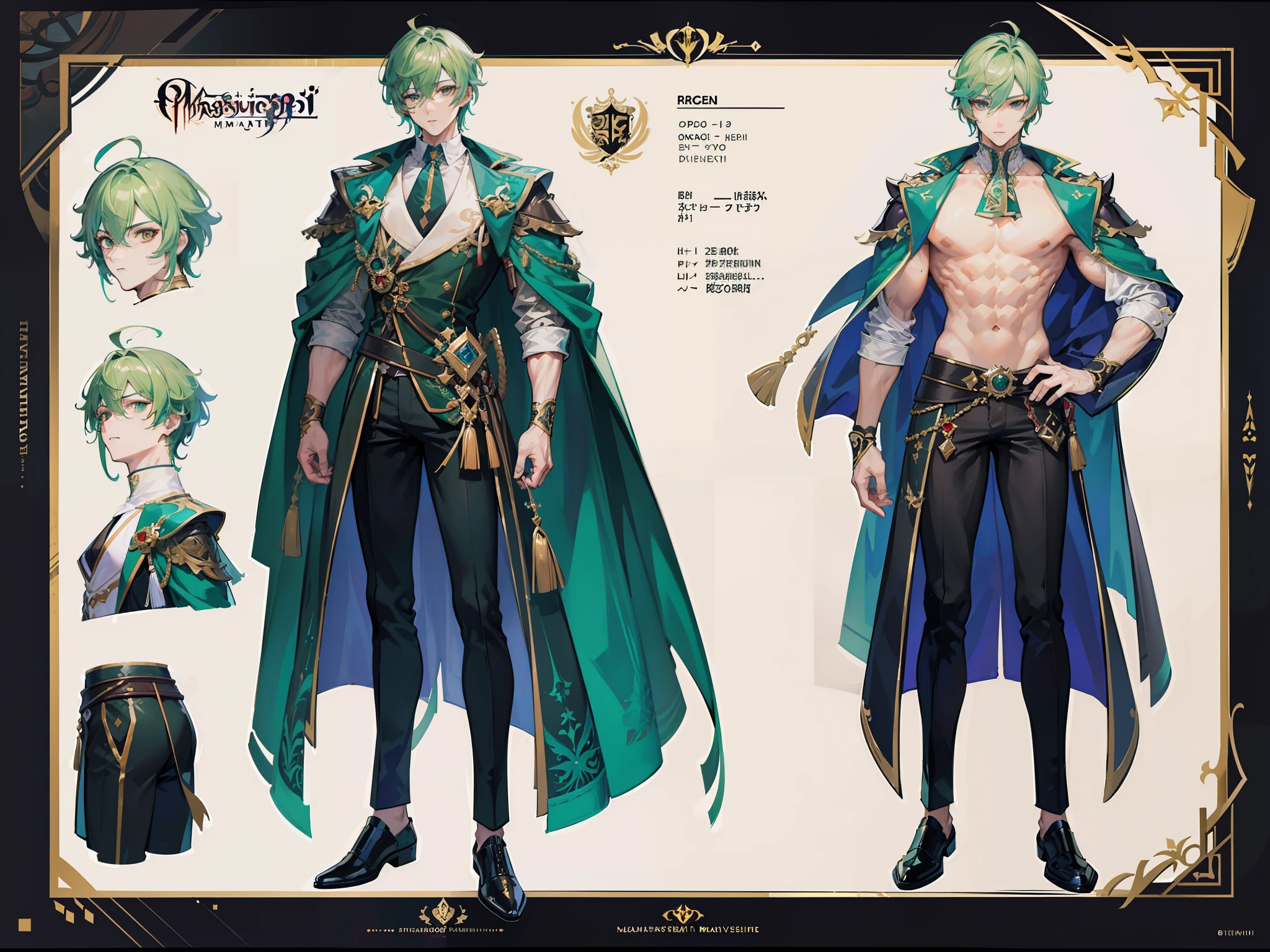 ((Masterpiece, Highest quality)), Male, boy, Detailed face, character design sheet,full body esbian, Full of details, frontal body view, back body view, Highly detailed, Depth, Many parts, Muscle boy with long green hair,handsome man, vampire outfit clothes, Genshin Impact, man tall, pectoral muscles, abs