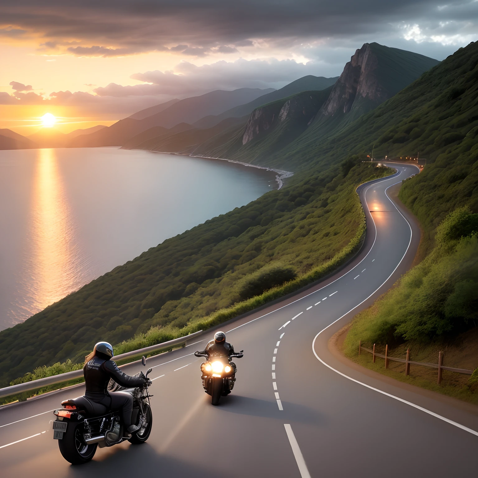 Bikers riding down a winding road between mountains by the sea with their motorcycles. sunset with cloudy skies.