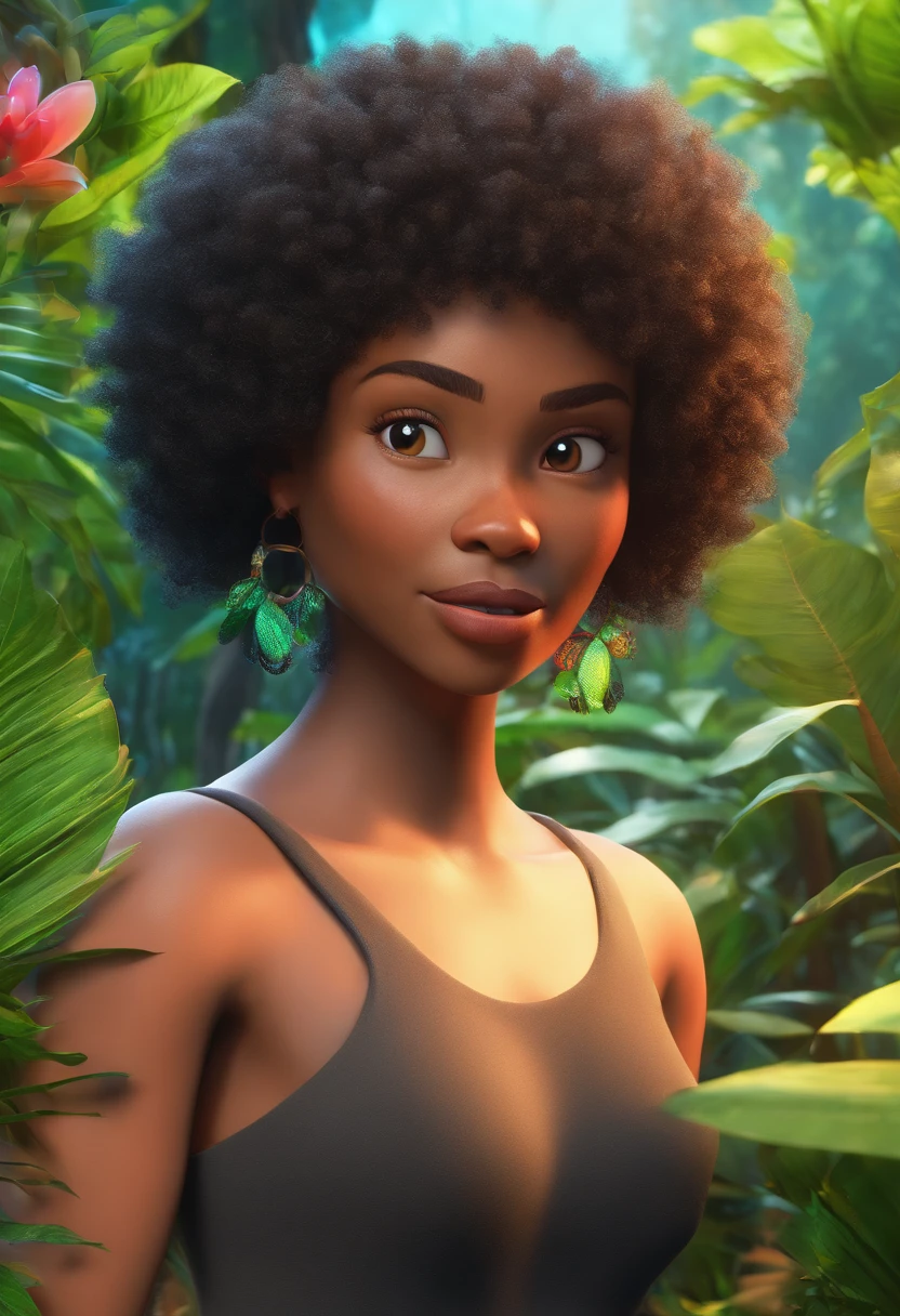 Estilo Pixar: mulher, negra, cabelos negros, longos e lisos, olhos grandes, Botany in the rainforest