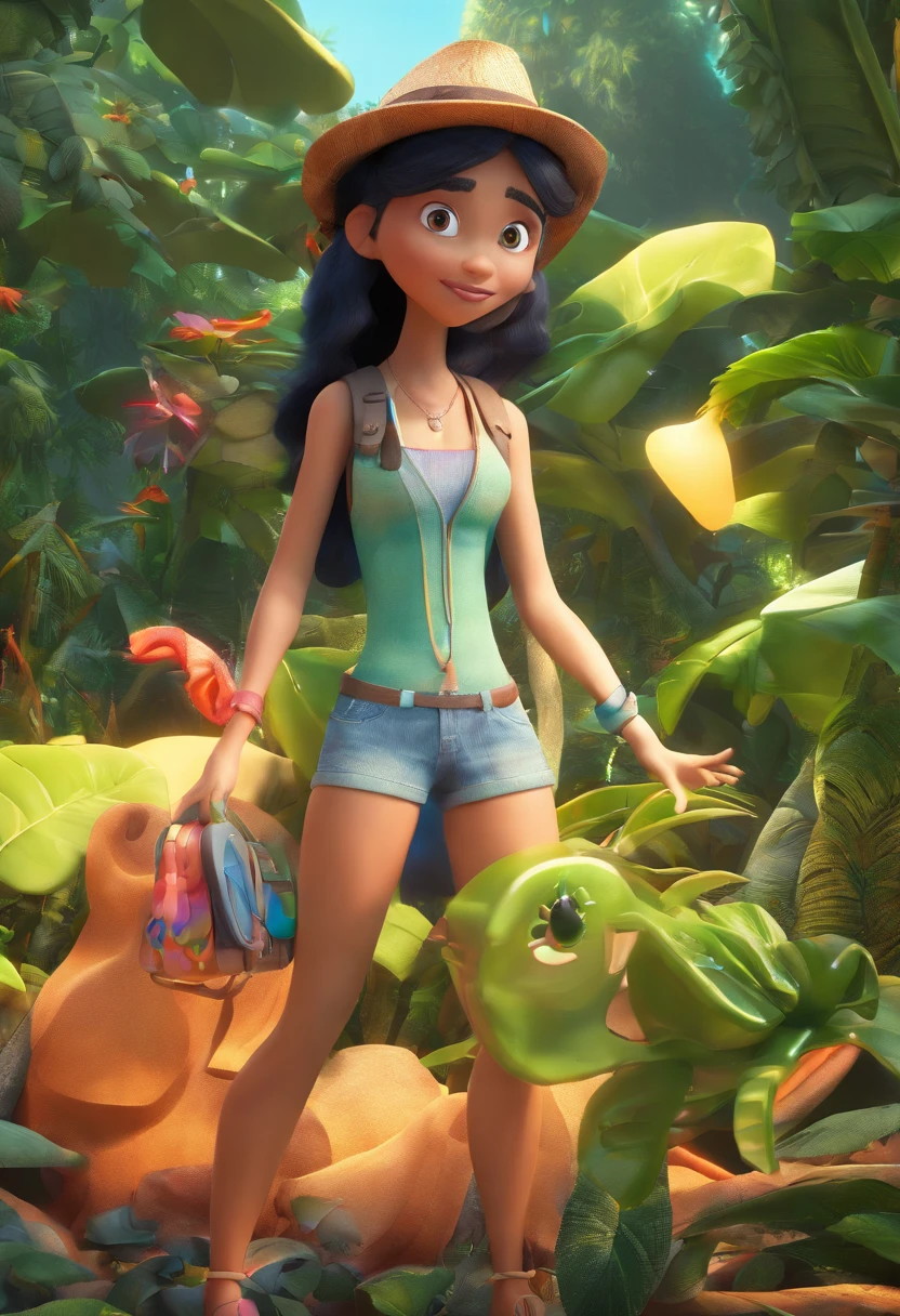 Estilo Pixar: mulher, negra, cabelos negros, longos e lisos, olhos grandes, Botany in the rainforest