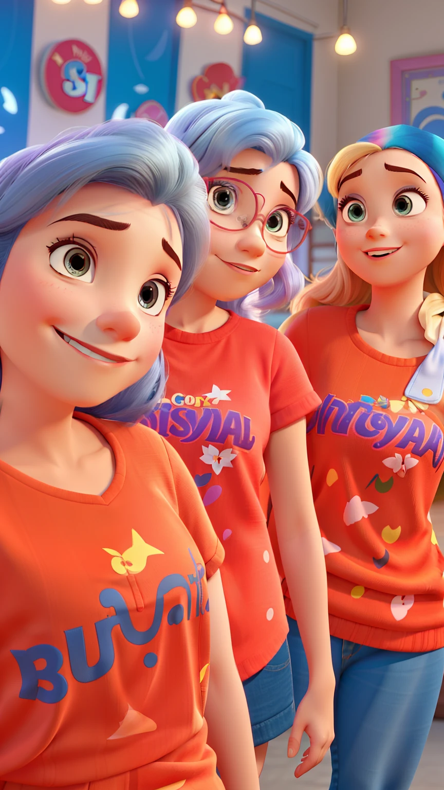 Three women, estilo Disney pixar, com fundo colorido, with written Mama Baby