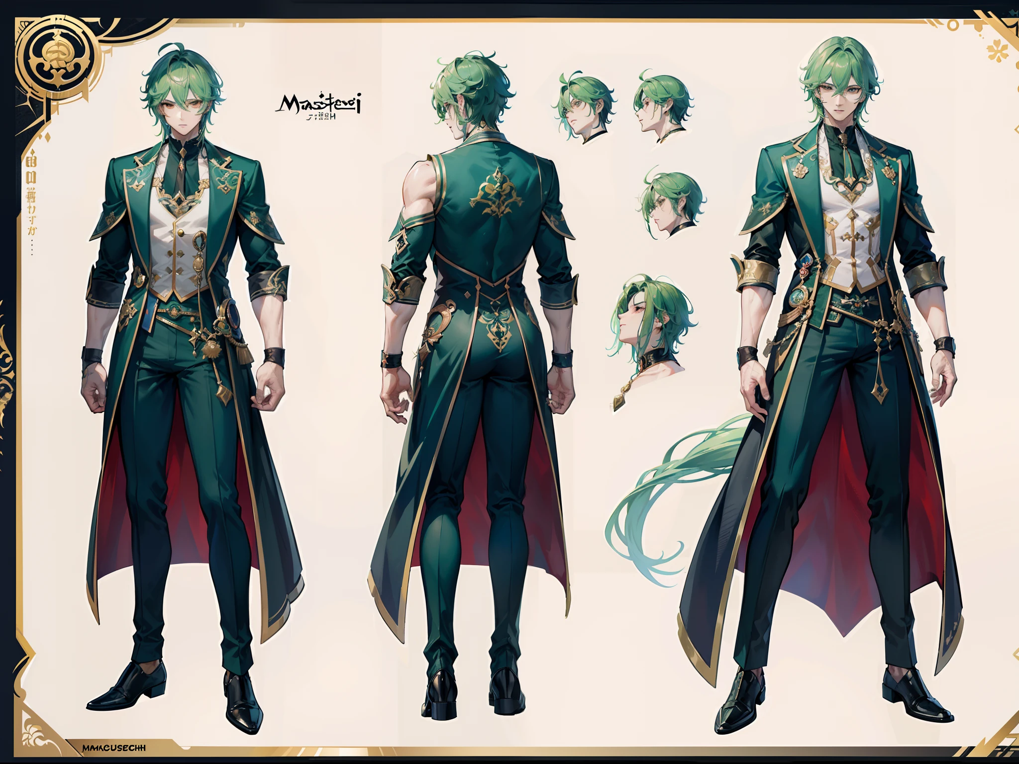 ((Masterpiece, Highest quality)), Male, boy, Detailed face, character design sheet,full body esbian, Full of details, frontal body view, back body view, Highly detailed, Depth, Many parts, Muscle boy with long green hair,handsome man, vampire outfit clothes, Genshin Impact, man tall, pectoral muscles, abs