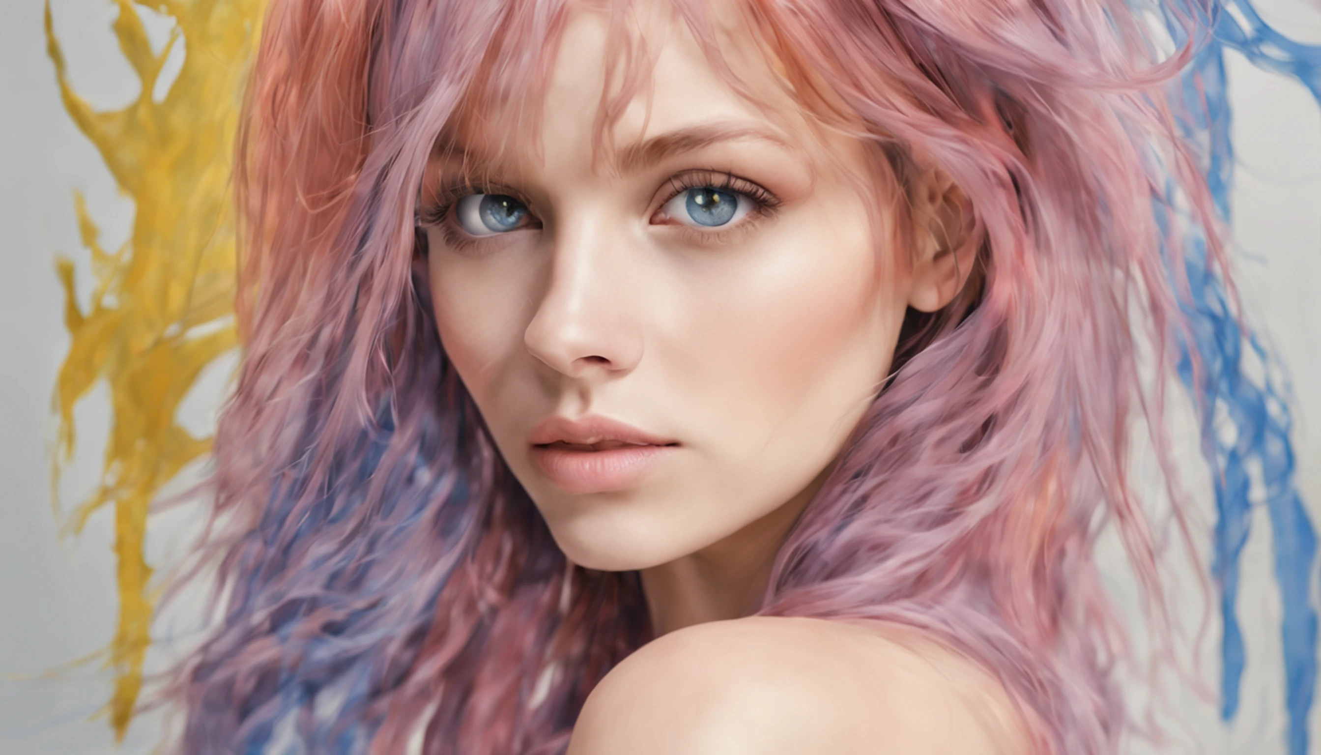 Mulher bonita: uma mulher de 18 anos, hair messy, oil-painting, Nice perfect face with smooth skinice perfect face, cores amarelas azuis, light purple and violet additions, light red additions, detalhes intrincados, tela inicial, 8K分辨率, obra-prima, rosto bonito, artstation pintura digital fluxo de tinta liso muitoBlack: 8K resolution photorealistic masterpiece: pintura guache fluido intrincadamente detalhada: por Jean Baptiste Mongue: caligrafia: acrylic: aquarela, fotografia profissional, natural lightting, Maximalist volumetric lighting photoillustration: por marton bobzert:, complexo, elegante, expansivo, genial