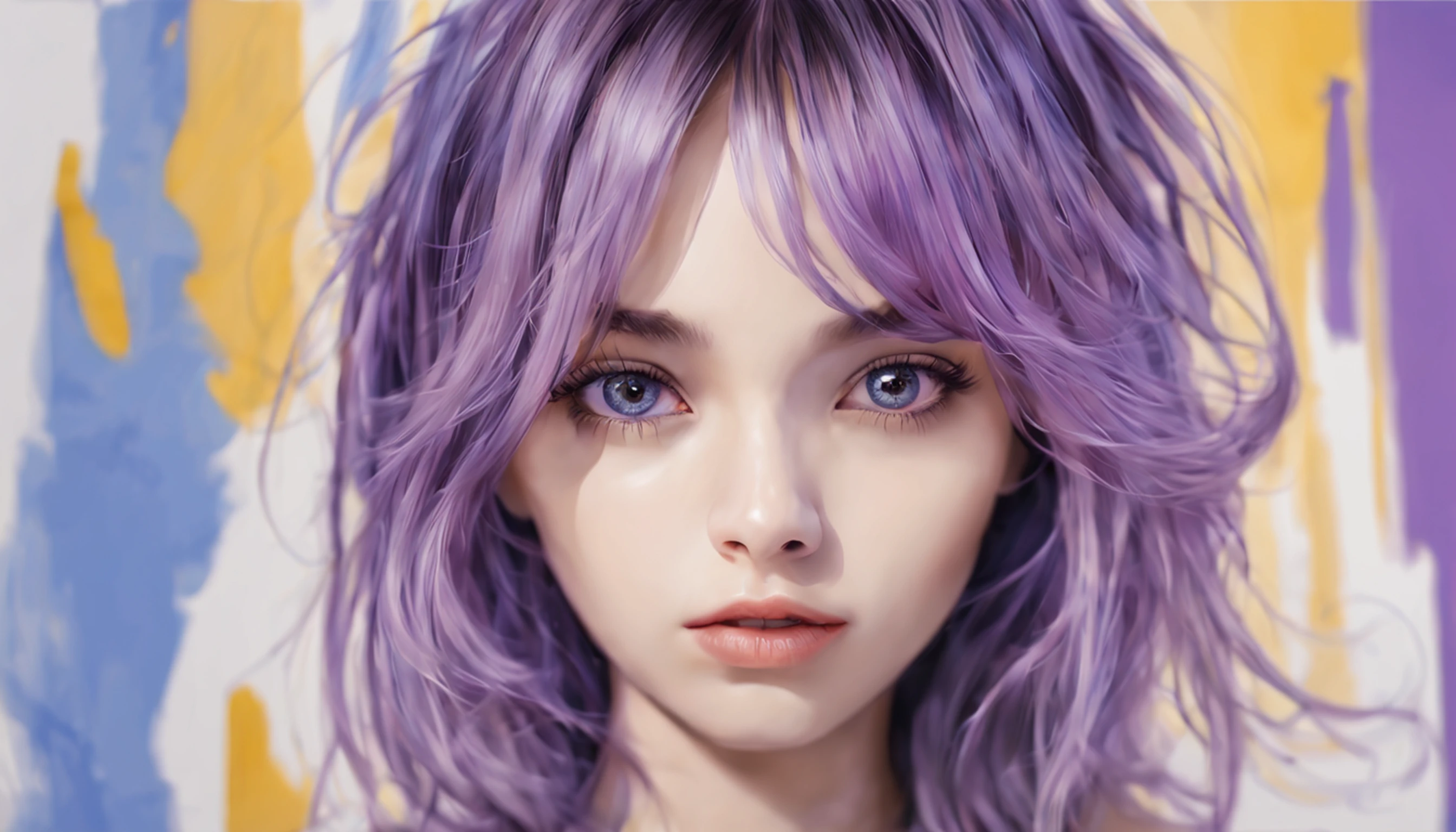 Mulher bonita: uma mulher de 18 anos, hair messy, oil-painting, Nice perfect face with smooth skinice perfect face, cores amarelas azuis, light purple and violet additions, light red additions, detalhes intrincados, tela inicial, 8K分辨率, obra-prima, rosto bonito, artstation pintura digital fluxo de tinta liso muitoBlack: 8K resolution photorealistic masterpiece: pintura guache fluido intrincadamente detalhada: por Jean Baptiste Mongue: caligrafia: acrylic: aquarela, fotografia profissional, natural lightting, Maximalist volumetric lighting photoillustration: por marton bobzert:, complexo, elegante, expansivo, genial