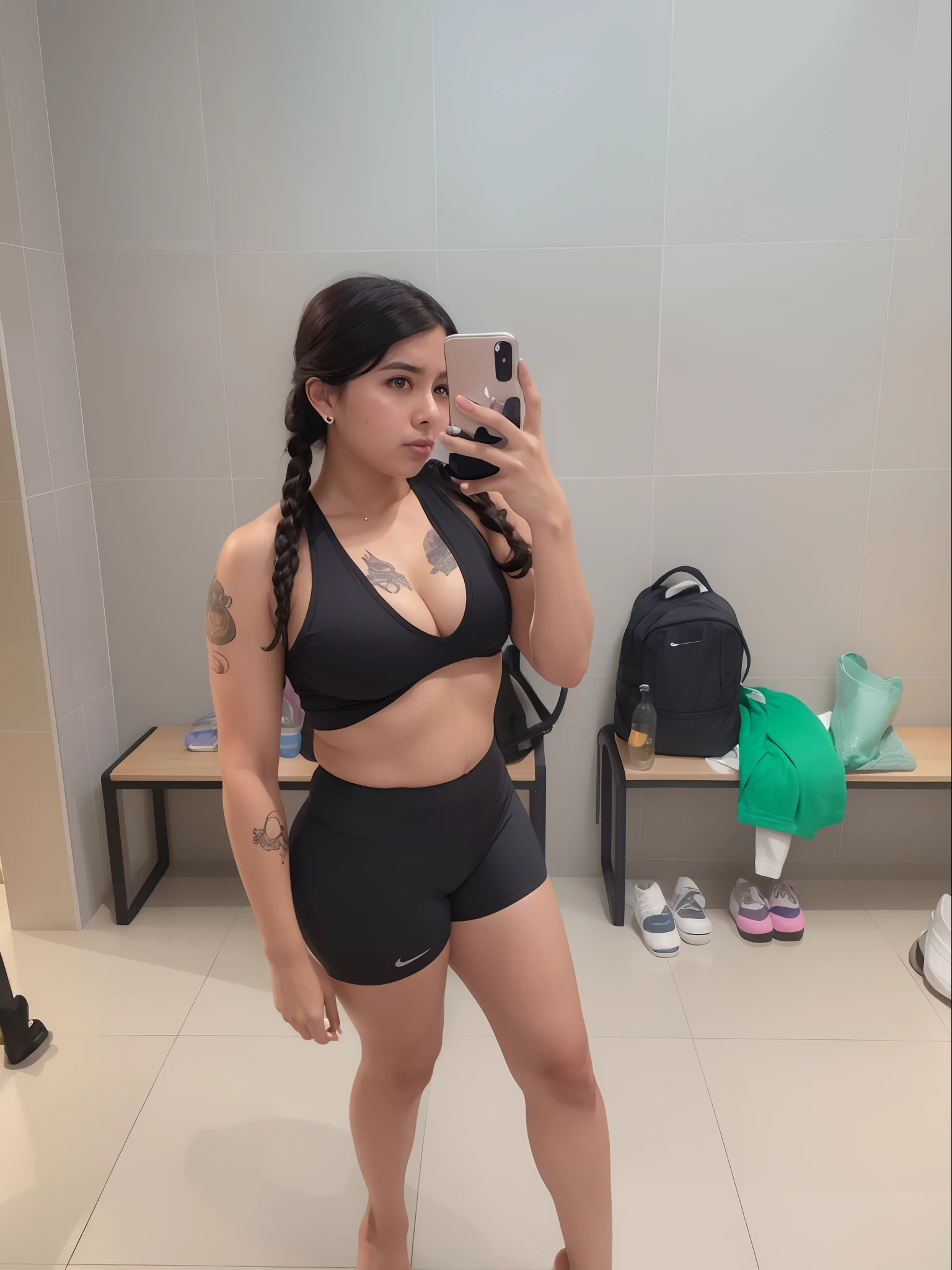 there is a woman taking a selfie in a bathroom mirror, foto fit, menina em forma, sport bra and shorts, bra and shorts streetwear, thicc, 2 Modelo feminina de 4 anos, em uma academia, 2 3 anos, 2 9 anos, 2 7 anos, Cottagecore!! corpo fitness, mid 2 0's female, recorte de meio corpo