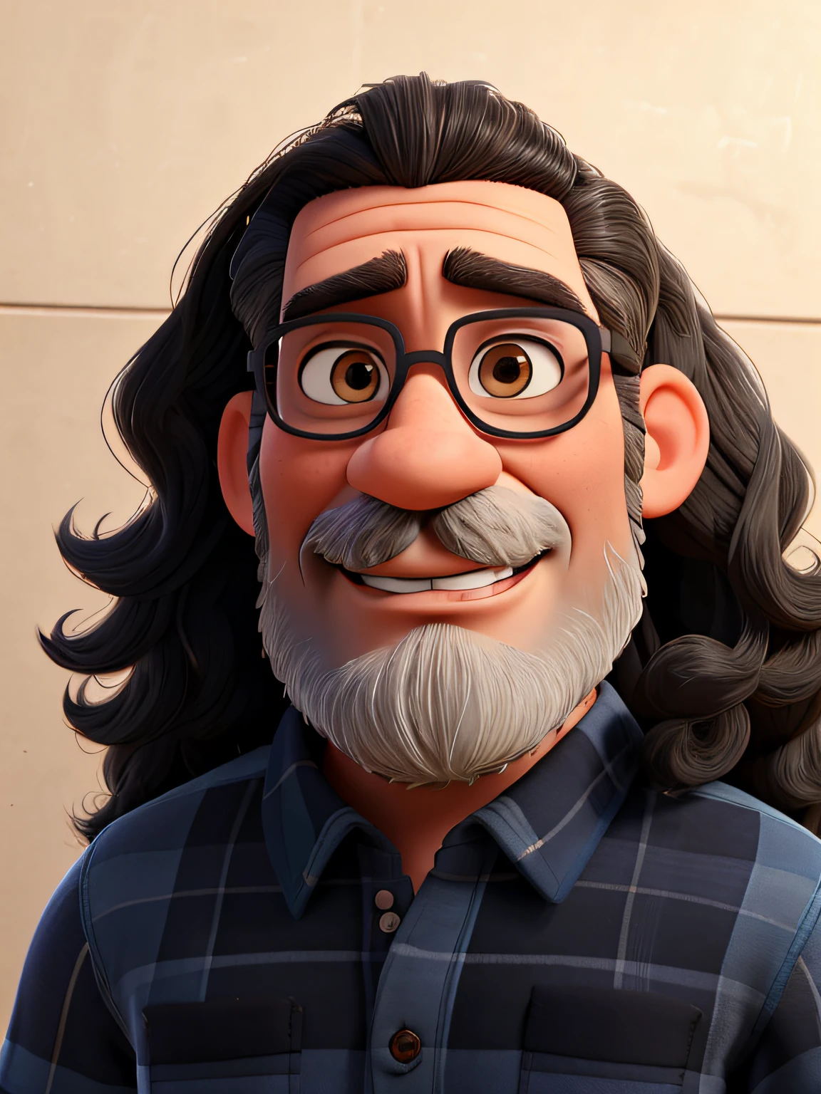 create a 3D Disney Pixar style character of a 40 year old man. Imagine him with big, curly long hair, a mix of black and gray, and a pair of glasses perched on his nose. His look with a thin, gray beard and dark skin tone. Standing 1.73 meters tall and weighing 90 kilos, this character has a Latin look, 90s grunge style, ripped pants and a blue and black checkered blouse.