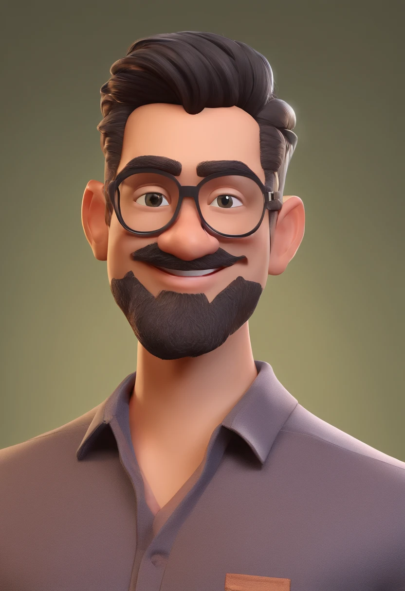 Estilo Pixar: Jovem homen de pele escura, com aproximadamente 30 anos com barba extremamente curta, Shaven done at zero wearing a gray t-shirt with thin copper-colored round glasses with shaved hair on the sides, cabelo crespo muito cacheado, cabelo com corte degrade nas laterais, cabelo preto escuro,  e orelhudo, 3D,Disney