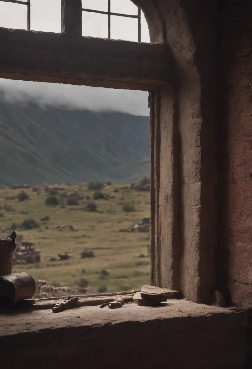(8K),(Masterpiece),Absurd, Tall, Ultra-detailed, (1girll:1.3),, Break, Discreet lighting, Gloomy atmosphere, Dark shadows, subtle highlights, mystical aura, Break, panoramic photography, wide high angle view, Breathtaking landscapes, Stunning views, expansive scenes, visual depth, breathtaking perspectives, (post-apocalyptic wastelands), (Red Rock Canyon), View from the wooden shed, ((Warehouse window view)), In the ammunition and tank shell boxes in the foreground