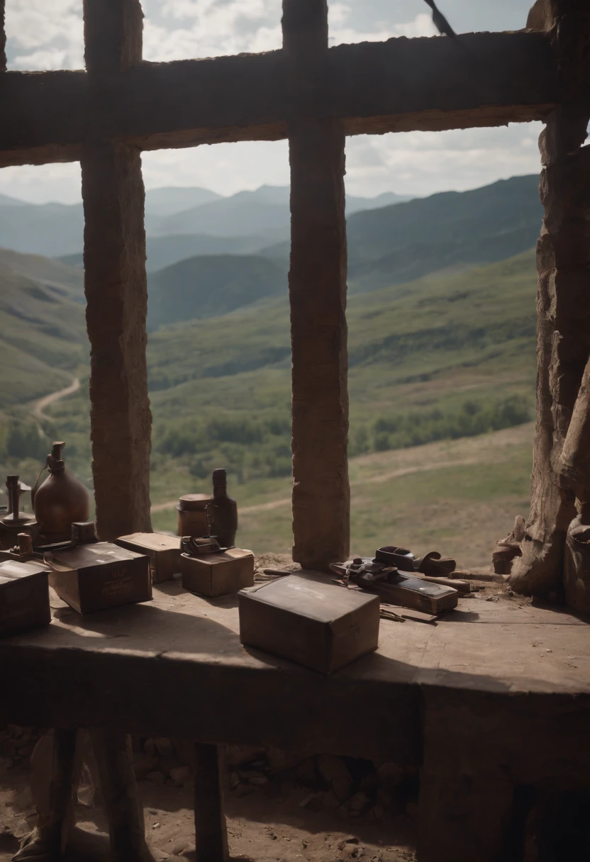 (8K),(Masterpiece),Absurd, Tall, Ultra-detailed, (1girll:1.3),, Break, Discreet lighting, Gloomy atmosphere, Dark shadows, subtle highlights, mystical aura, Break, panoramic photography, wide high angle view, Breathtaking landscapes, Stunning views, expansive scenes, visual depth, breathtaking perspectives, (post-apocalyptic wastelands), (Red Rock Canyon), View from the wooden shed, ((Warehouse window view)), In the ammunition and tank shell boxes in the foreground