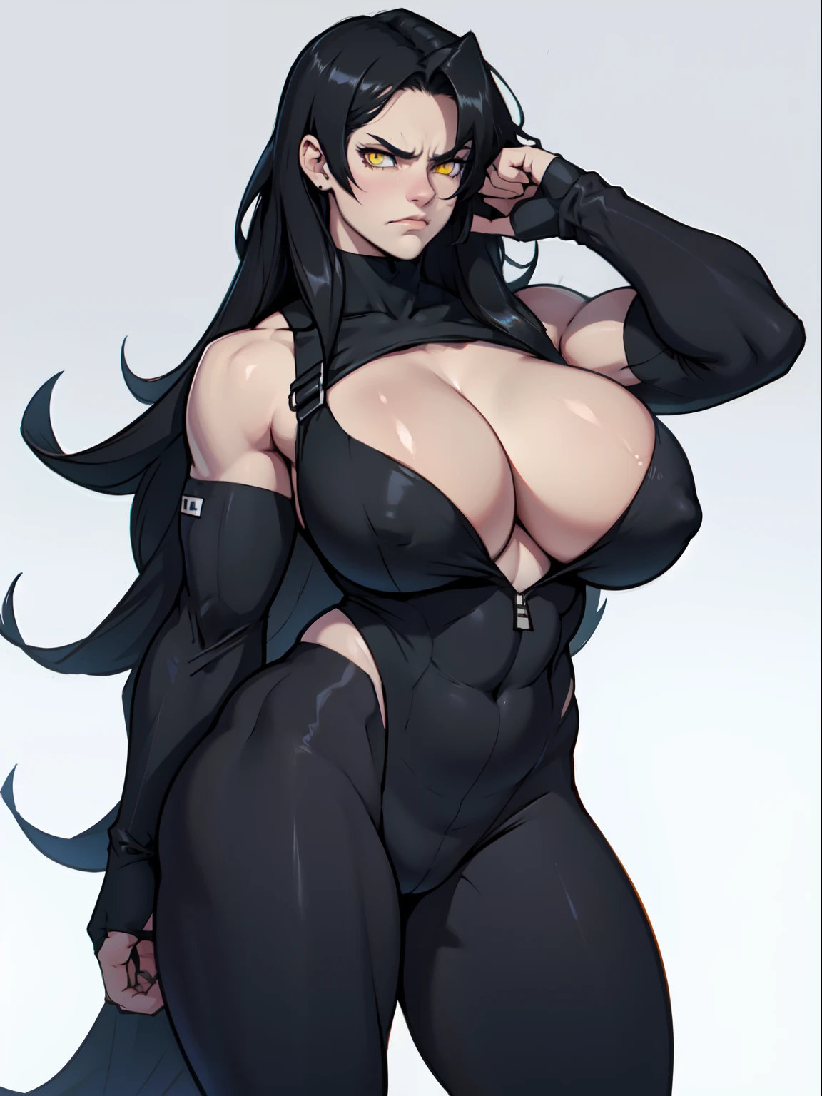 girl muscular huge breasts toned body pale skin black hair yellow eyes very long hair angry solo