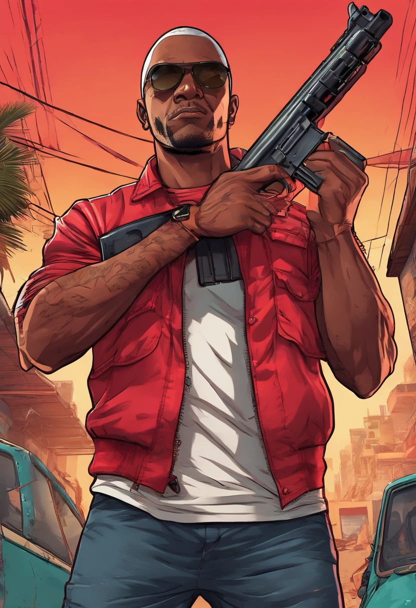 um homem com uma roupa vermelha em uma favela, segurando um rifle, (rosto e corpo extremamente detalhados), cores vibrantes, (retrato), tom de cor vermelha, dramatic lighting, (best quality, ultra-detalhado, Altas), Realistic