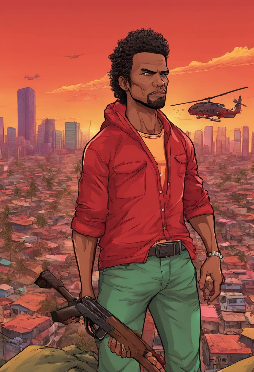 um homem com uma roupa vermelha em uma favela, segurando um rifle, (rosto e corpo extremamente detalhados), cores vibrantes, (retrato), tom de cor vermelha, dramatic lighting, (best quality, ultra-detalhado, Altas), Realistic