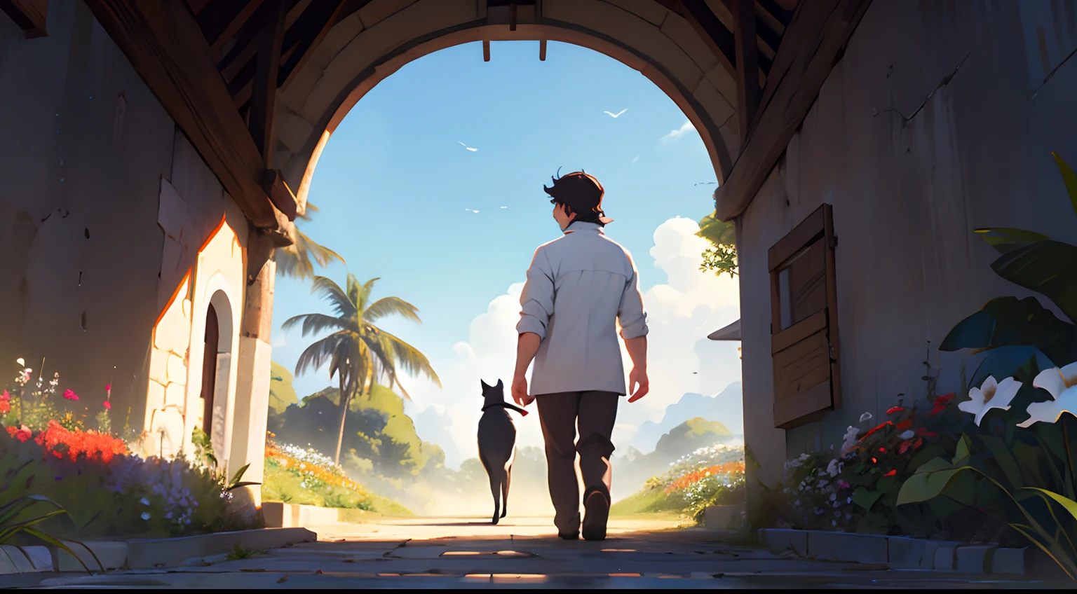 A man with short dark brown hair and white clothes admires the peaceful new world accompanied by his black cat, They're with their backs to the viewer and they're far away, alto de uma colina, Flores silvestres, florestas.