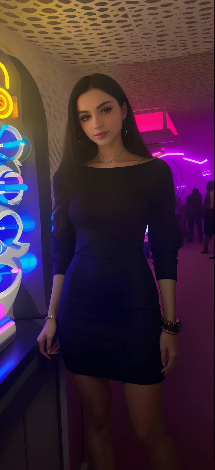 teen russian girl with black long smooth hair with bangs wearing a black mini dress with ropes inside a modern mall, a vibe of luxury and wealth, luxury Aesthetic, black aesthetic, Dark luxury Aesthetic