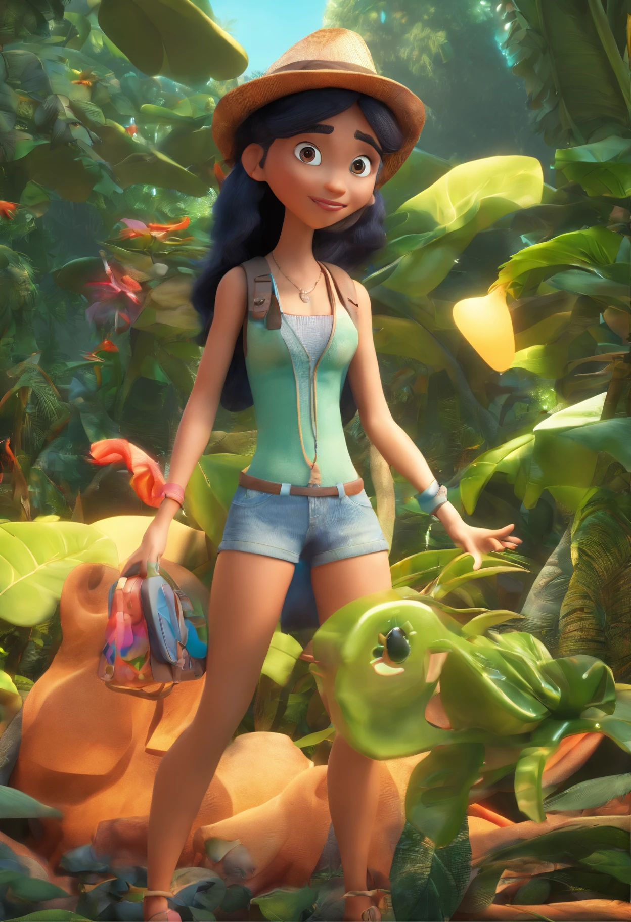 Estilo Pixar: mulher, negra, cabelos negros, longos e lisos, olhos grandes, Botany in the rainforest
