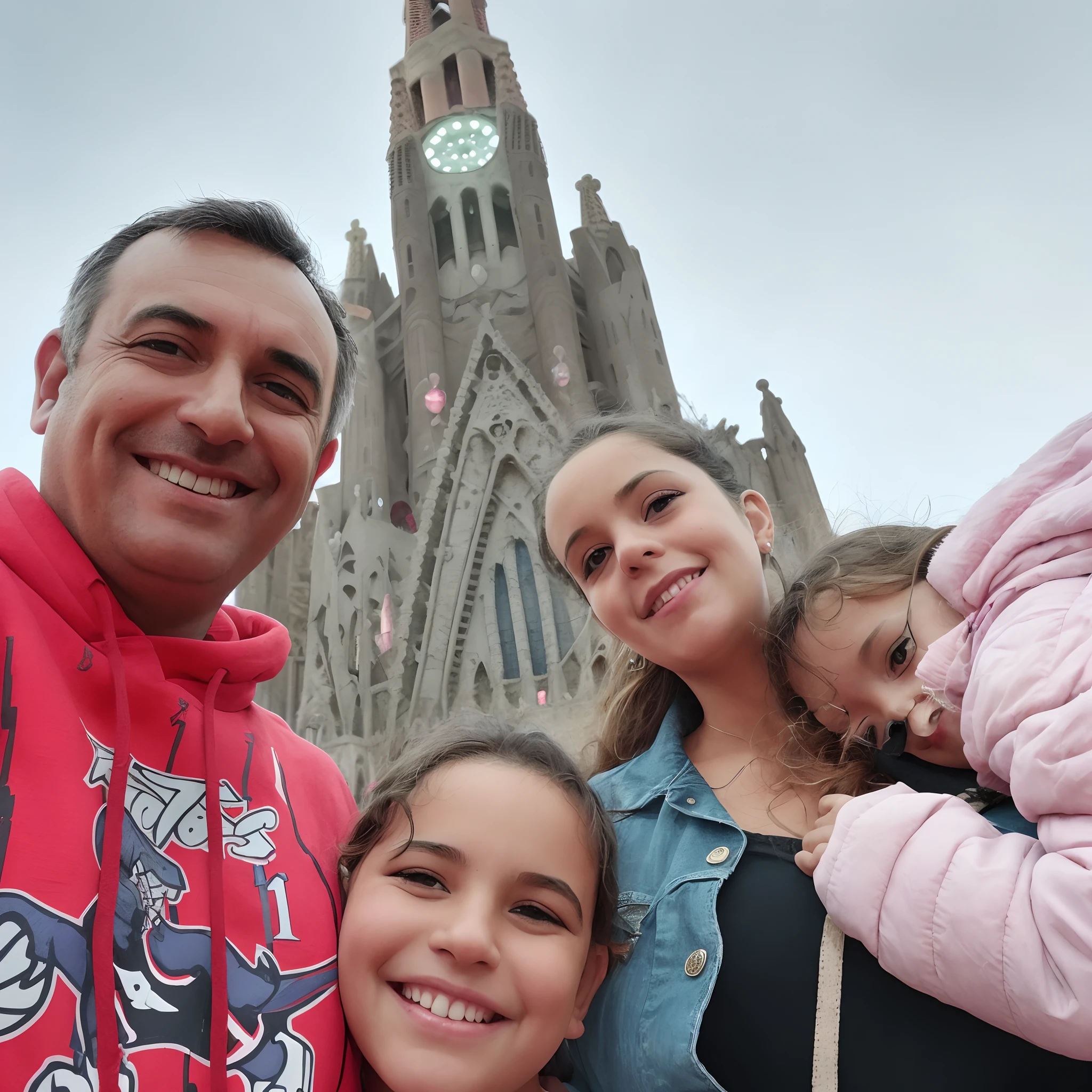 There are three people and a child posing for a photo, Catedral ao fundo, em barcelona, catedral!!!!!, gui guimaraes, ancient catedral behind her, igreja no fundo, com um castelo ao fundo, Directed by: Nandor Soldier, com torres, Directed by: Luis Miranda, Directed by: Viktor Oliva, Gaudí Sagrada Familia