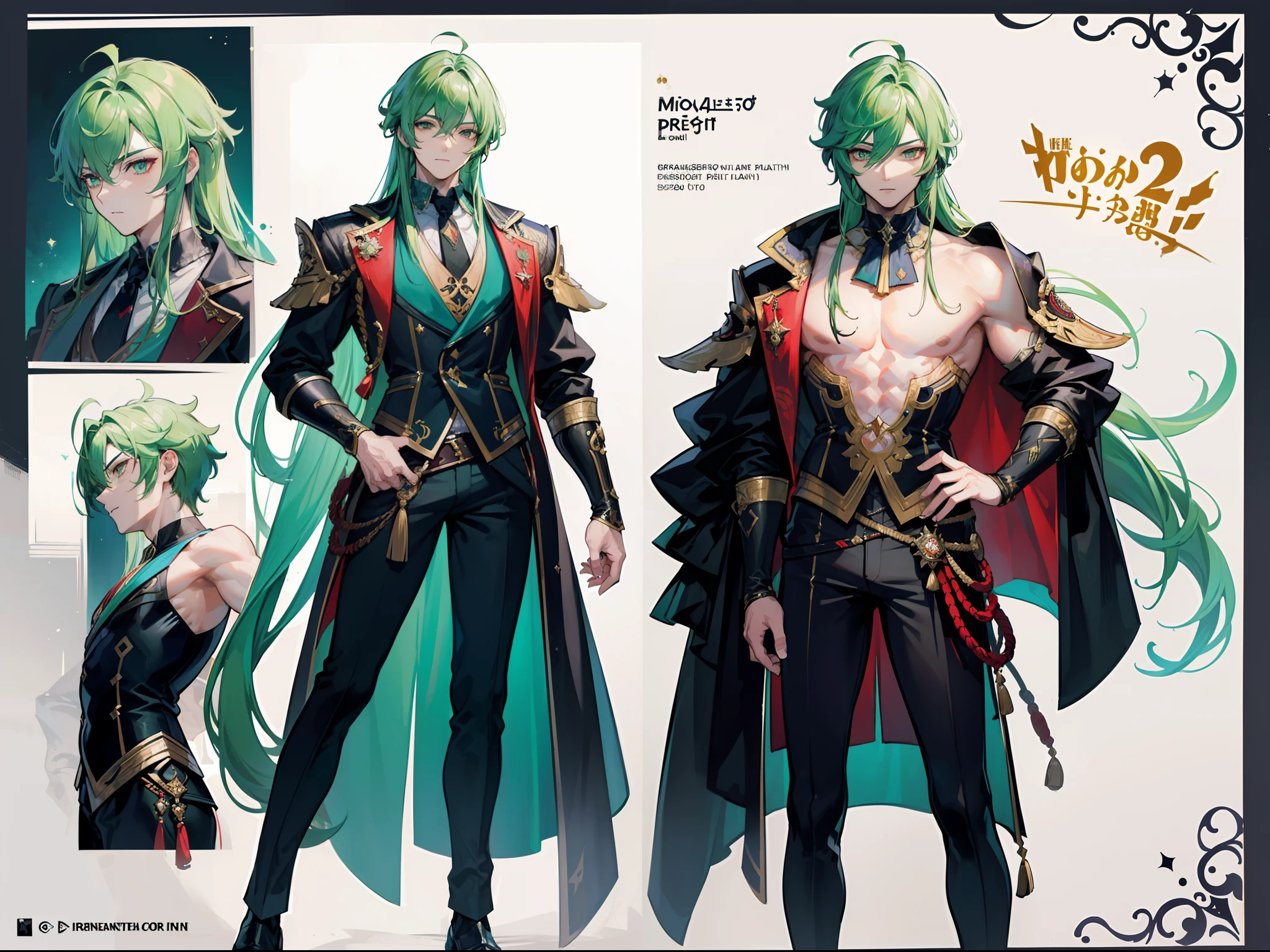 ((Masterpiece, Highest quality)), Male, boy, Detailed face, character design sheet, full bodyesbian, Full of details, frontal body view, back body view, Highly detailed, Depth, Many parts, Muscle boy with green long hair,handsome man, vampire outfit clothes, Genshin Impact, man tall