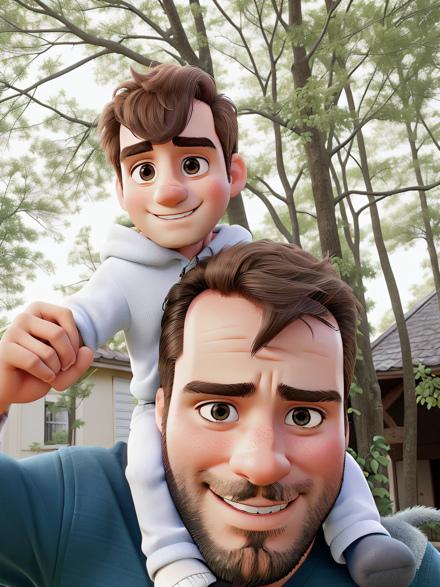 A 30-year-old man with an 8-month-old child on his shoulders, ao fundo algumas arvores bem floridas