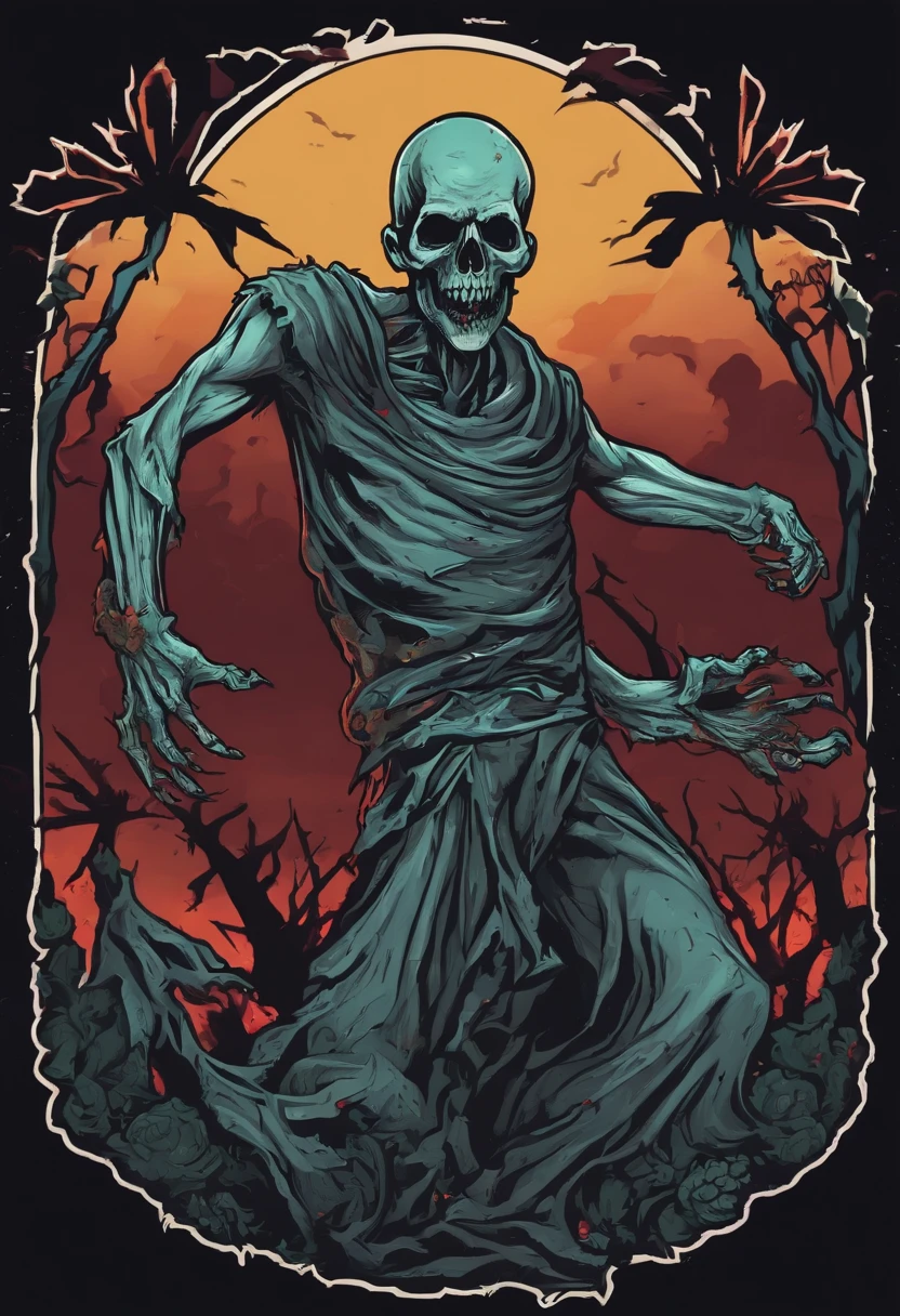 /imagine prompt: zombie ghost illustration for a sticker with a black background, in bold outline style, jagged edges, trashcore, light shading --v 5.2