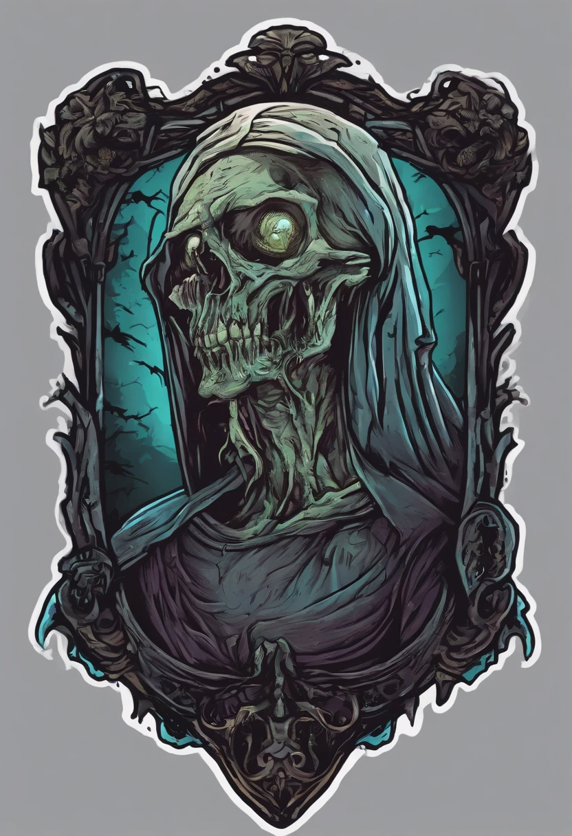 /imagine prompt: zombie ghost illustration for a sticker with a black background, in bold outline style, jagged edges, trashcore, light shading --v 5.2