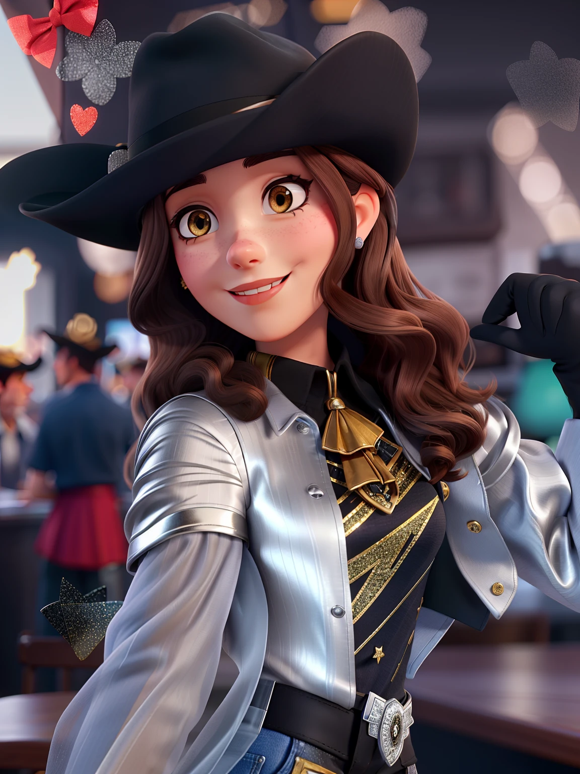 Mulher 24 anos linda,Brown hair with black hat and silver glitter blouse at a rodeo