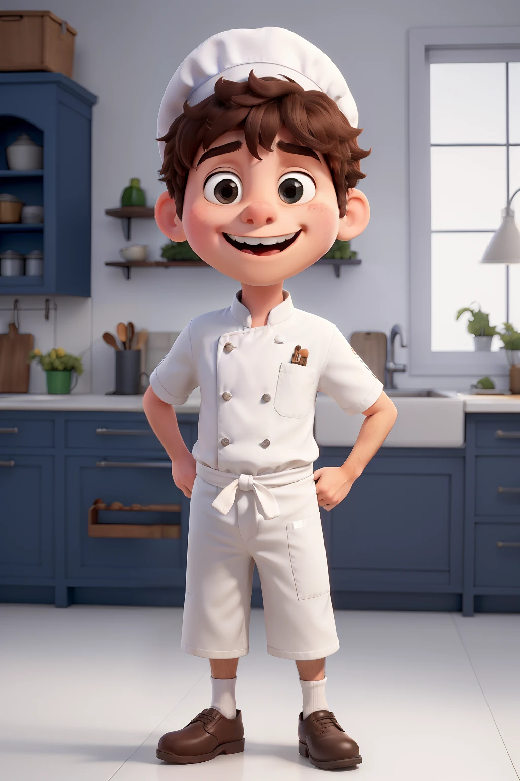 Um menino de 4 anos, com uma roupa de cozinheiro branca, Is wearing a white chef hat, He's in a modern white kitchen, ele tem o cabelo marrom e liso, He appears to have an expression of joy, deve ser no estilo de filmes animados da Disney e Pixar