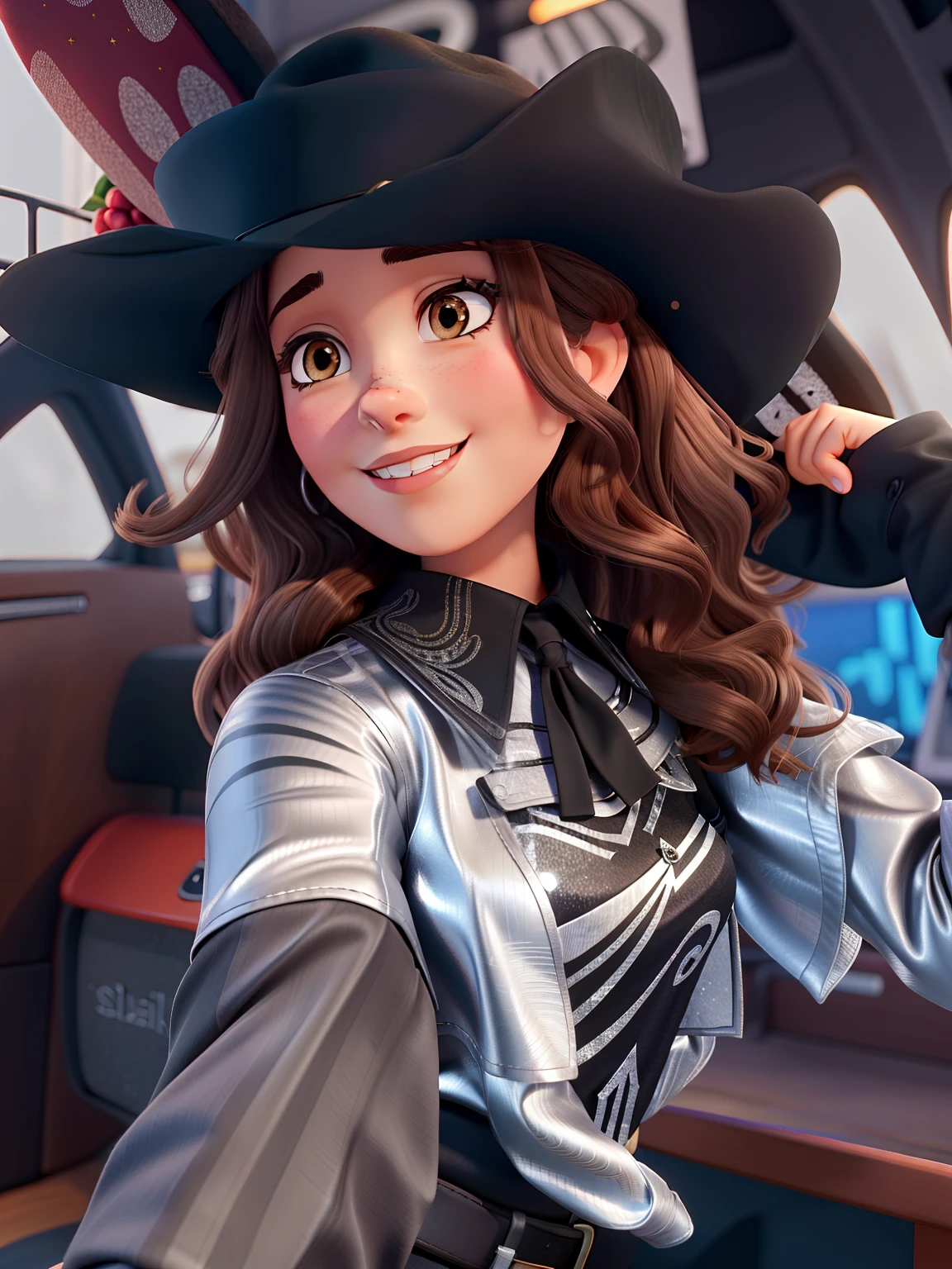 Mulher 24 anos linda,Brown hair with black hat and silver glitter blouse at a rodeo