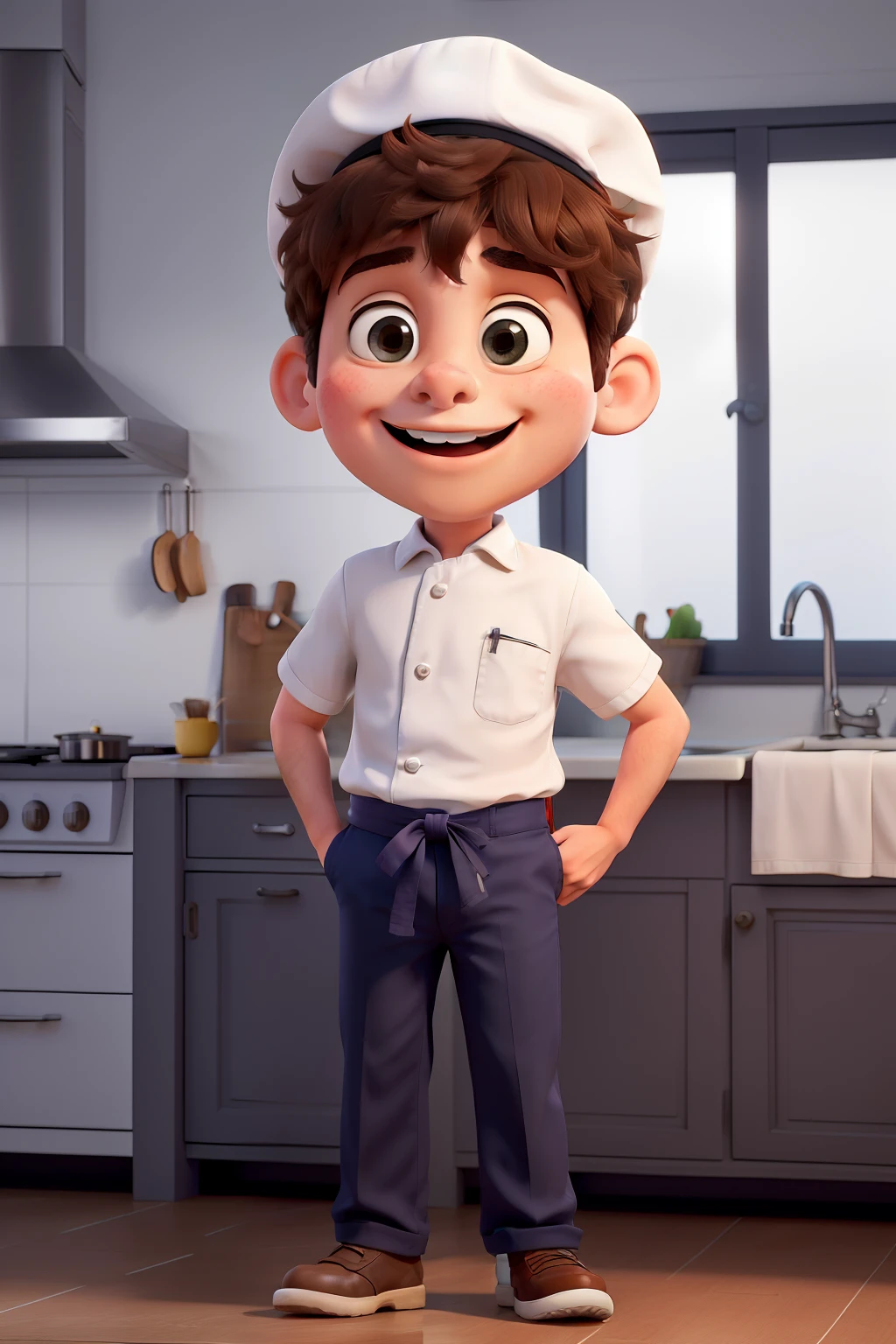 Um menino de 4 anos, com uma roupa de cozinheiro branca, Is wearing a white chef hat, He's in a modern white kitchen, ele tem o cabelo marrom e liso, He appears to have an expression of joy, deve ser no estilo de filmes animados da Disney e Pixar