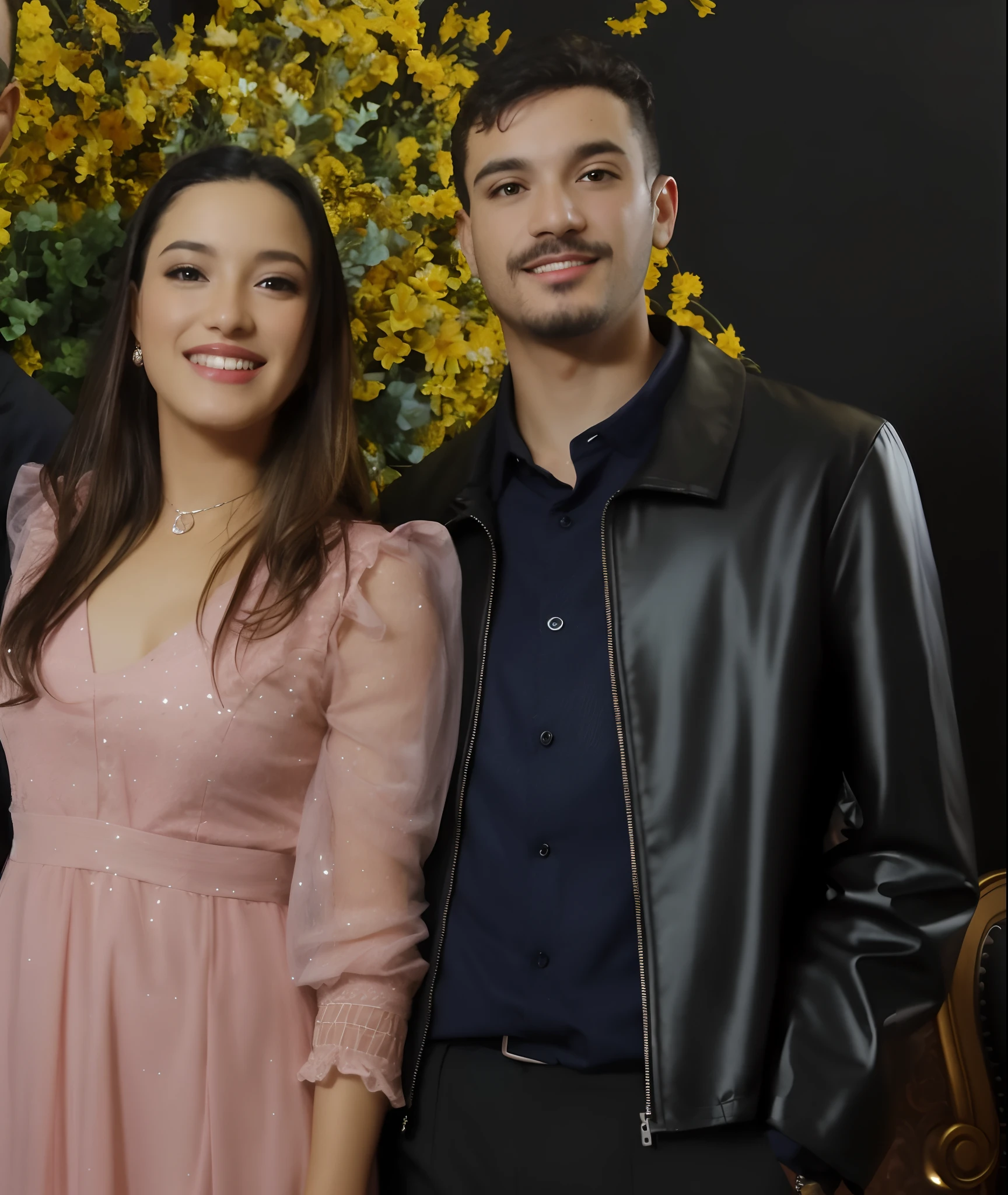 They are posing for a photo in front of a flower arrangement, Directed by: Nandor Soldier, ástor alexander, by Amelia Peláez, Valentina Embaralhamento, Simon Hollosy, imagem de perfil, Malika Favre, julia fuentes, daniel mirante, fundo transparente, Foto realista, Directed by: Emma Rios, foto retrato, Lovely couple