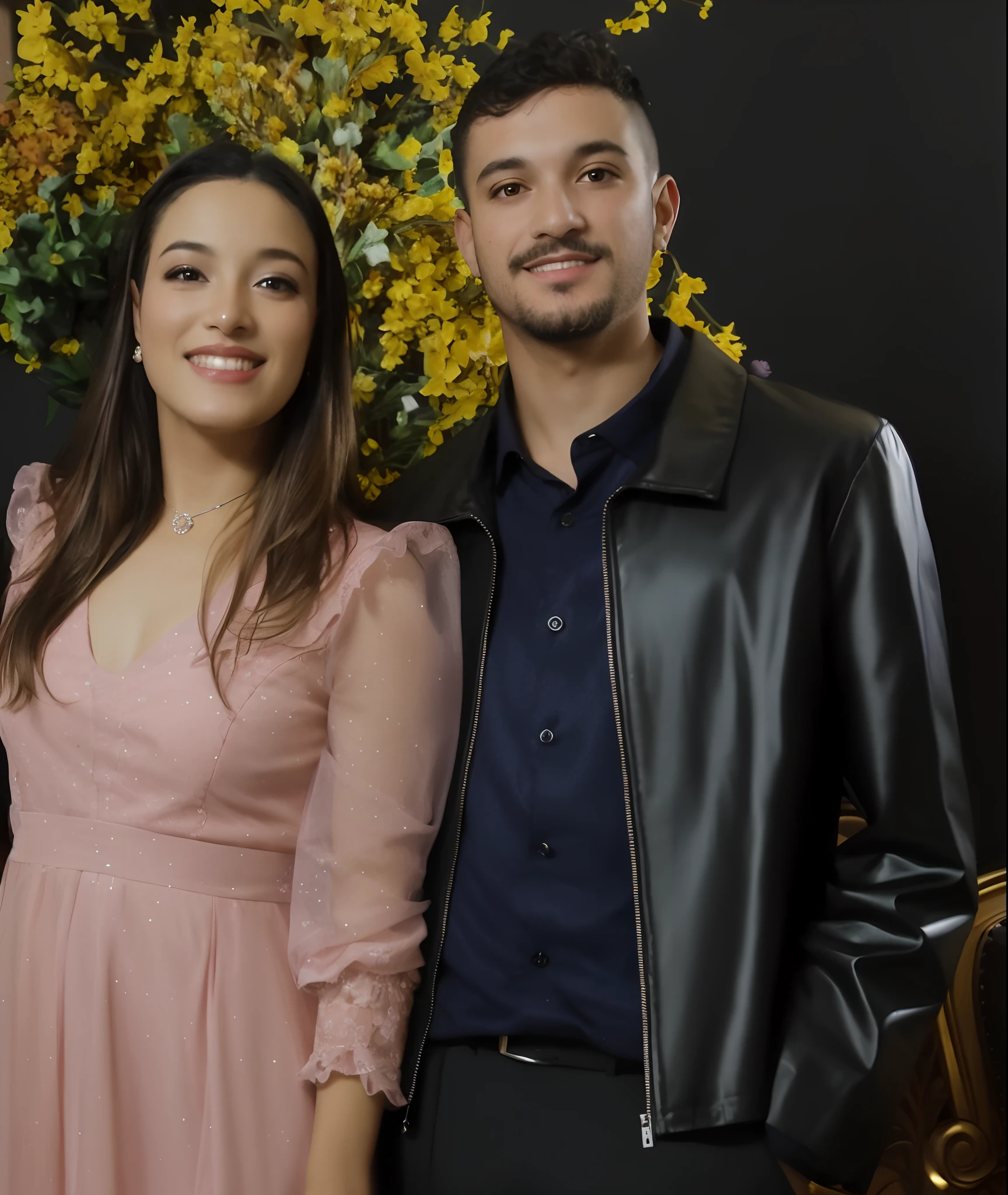 They are posing for a photo in front of a flower arrangement, Directed by: Nandor Soldier, ástor alexander, by Amelia Peláez, Valentina Embaralhamento, Simon Hollosy, imagem de perfil, Malika Favre, julia fuentes, daniel mirante, fundo transparente, Foto realista, Directed by: Emma Rios, foto retrato, Lovely couple