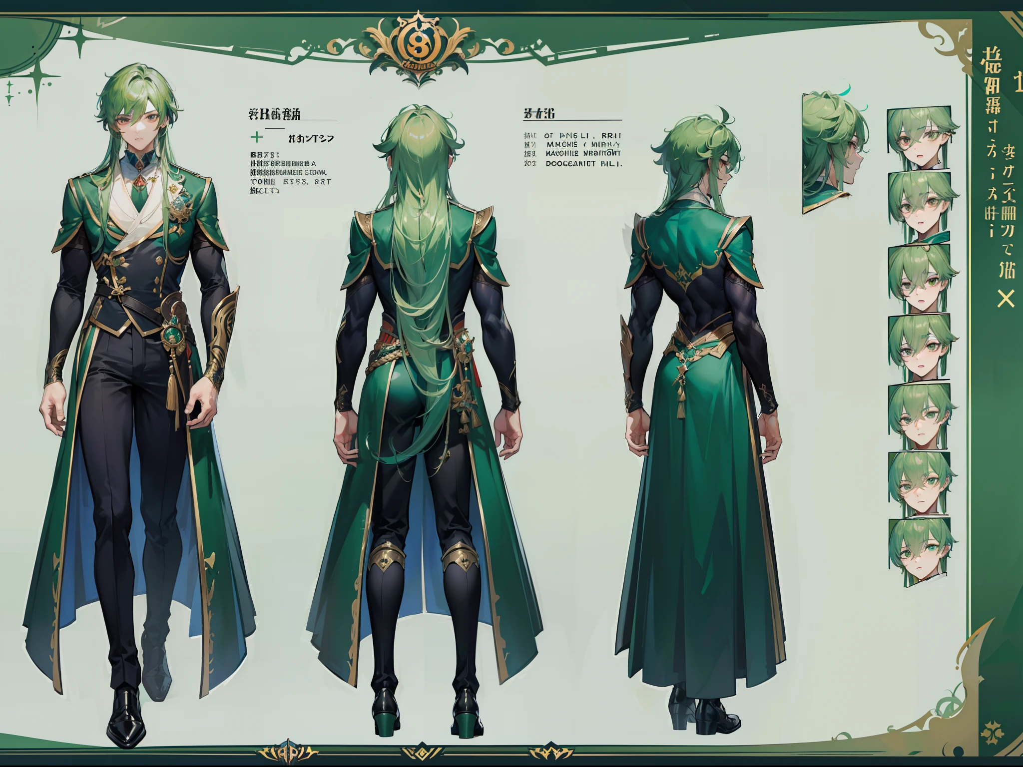 (Masterpiece, best quality), detailed, 1 man, ((character concept art)), ((character design sheet, same character, front, side, back)), full body, body complete, 1 Male angel, 1 Man angel, Detailed face, character design sheet，full bodyesbian, Highly detailed, character sheet, character design, Many parts, dark skin, angel wings, long ponytail green hair, angel outfit, muscle male god, male clothes, masculine, muscle man, male muscle, manly, male angel, Muscle male with long ponytail green, hair，beautiful man, beautiful muscle man