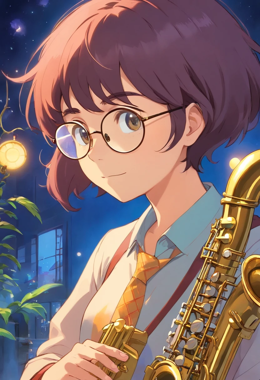 criar uma imagem estilo pixar, sou moreno claro, sexo masculino, pouco acima do peso, I wear glasses, tenho formato do rosto oval, sobrancelhas grossas, cabelo crespo(afro) cortados bem baixinho, olhos pequenos da cor castanho escuro, boca pequena, cara de nerd, vestido de terno e tocando saxofone tenor