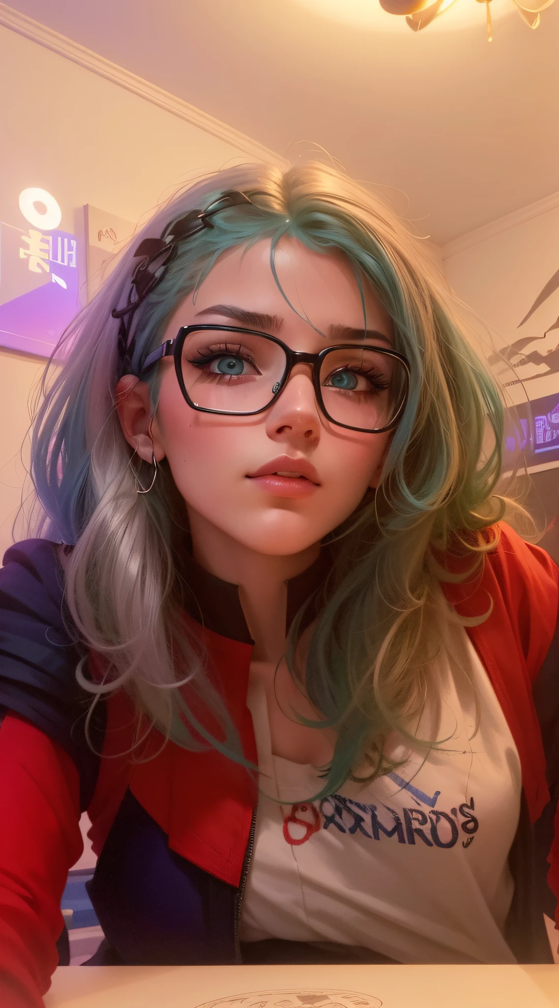 'Close up portait beautiful girl, blue hair, green eyes, in modern fighting costume, hyper realistic, pastel colors, complementary colors, soft colors, vibrant colors, dramatic colors, vaporwave, retrowave, black and white, colorfull, artochrome, highly detailed, 4K'