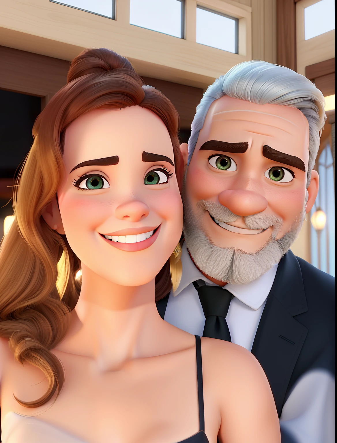 Disney pixar, realista, alta qualidade, melhor qualidade, casal sexy branco, mulher loira, homem com barba e cabelo grisalho
